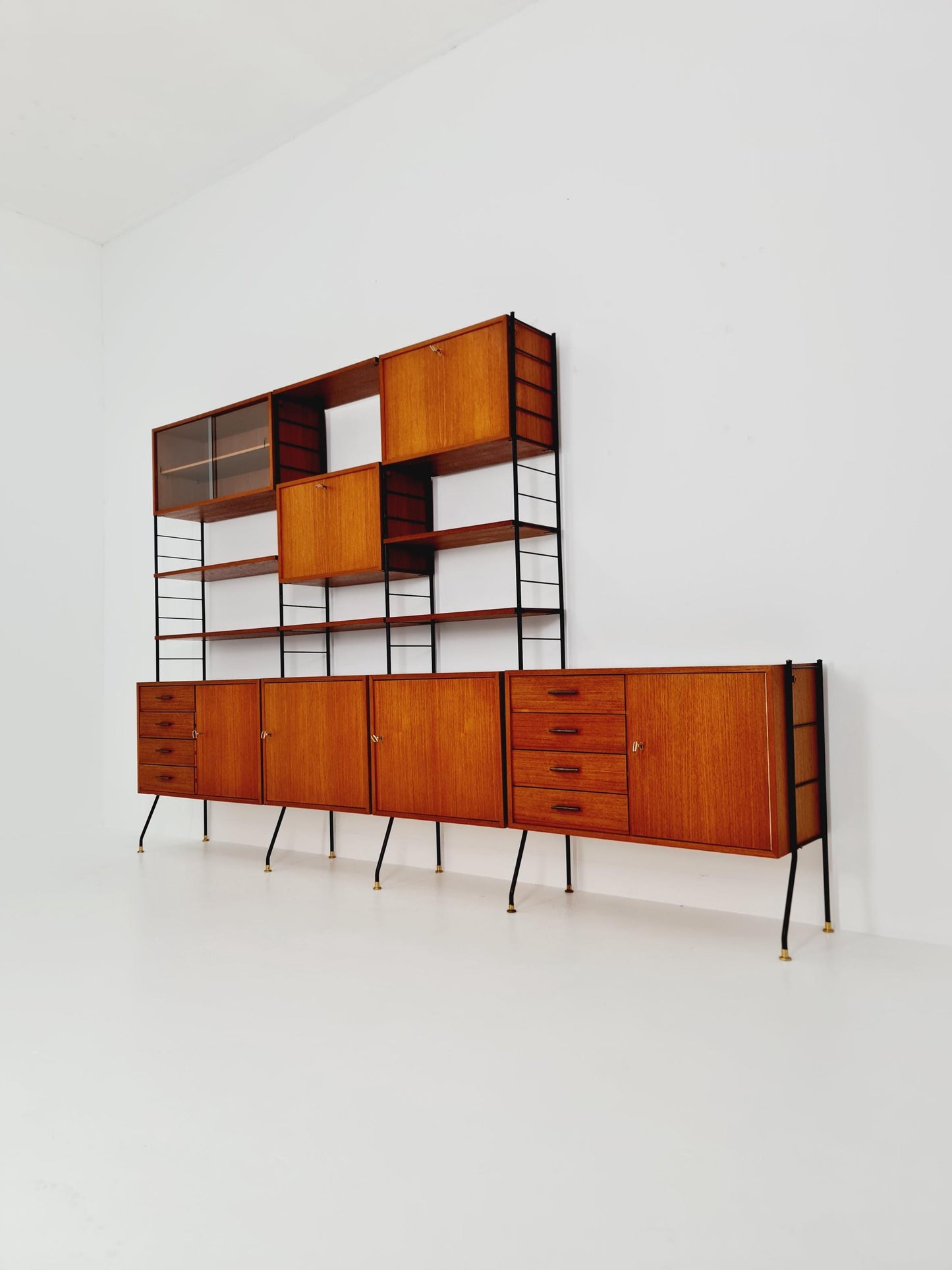 Freestanding string shelf-system unit bookcase teak & metal by Silverschild Germany, 1950s