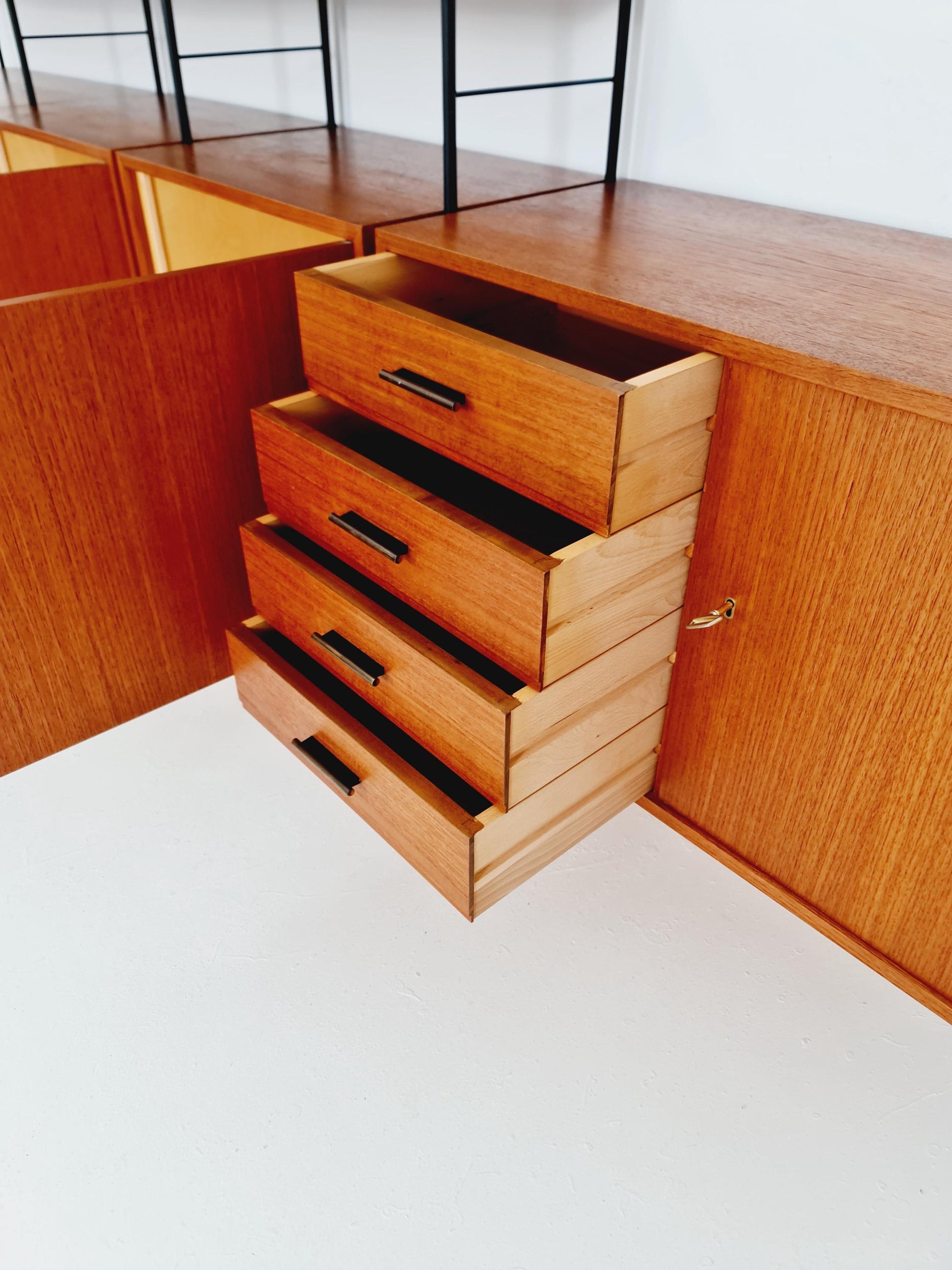 Freestanding string shelf-system unit bookcase teak & metal by Silverschild Germany, 1950s