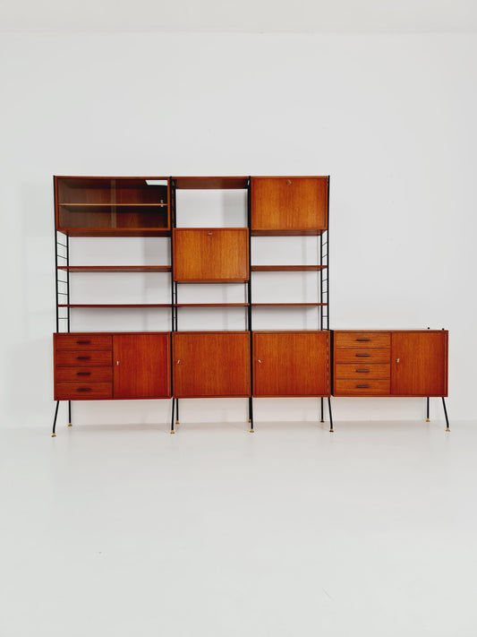 Freestanding string shelf-system unit bookcase teak & metal by Silverschild Germany, 1950s