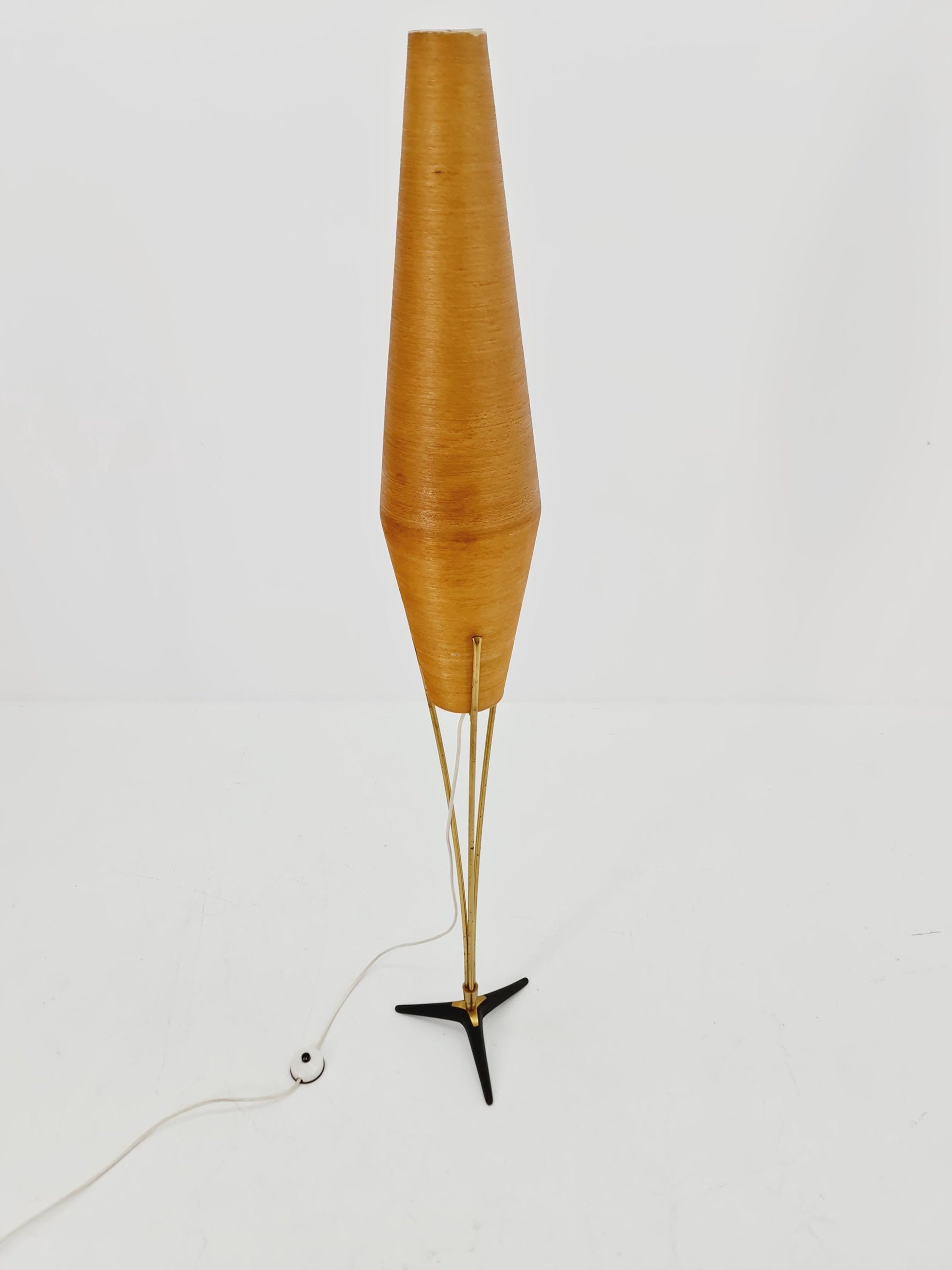 Mid century German tripod floor lamp in Brass and cocoon shade By Klingele for Artimeta 1957s