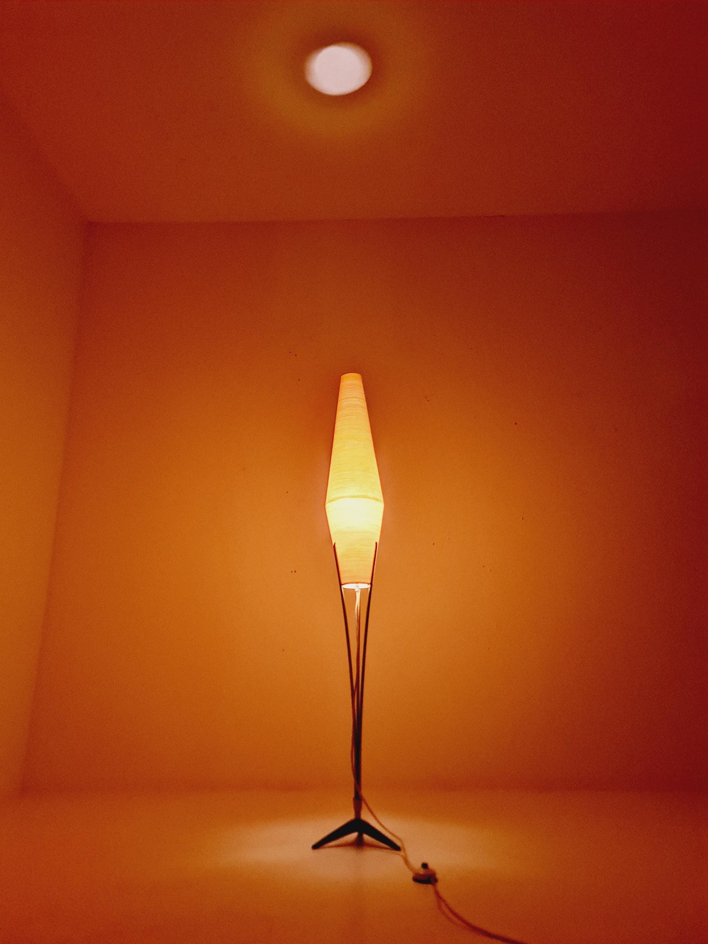 Mid century German tripod floor lamp in Brass and cocoon shade By Klingele for Artimeta 1957s