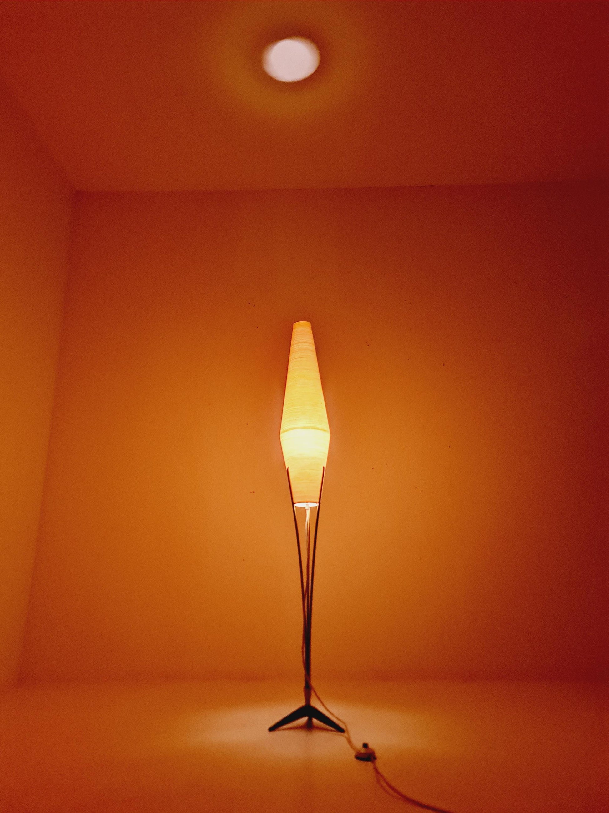 Mid century German tripod floor lamp in Brass and cocoon shade By Klingele for Artimeta 1957s