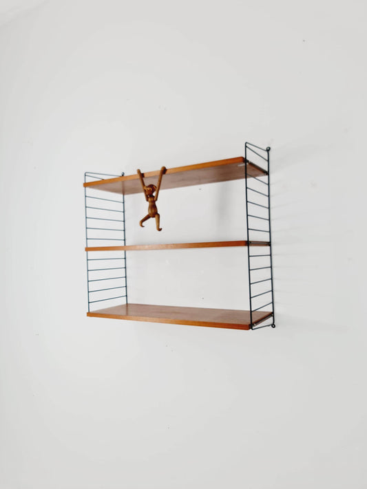Original MCM Teak shelving system - consists of black lacquered metal ladders, from string Stockholm 1960s