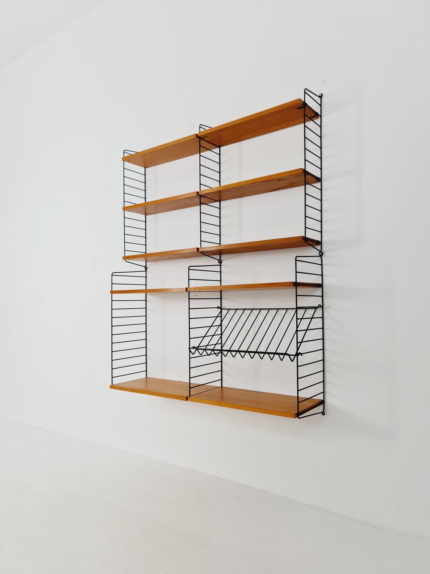 Wall-mounted original Teak Swedish string shelf-system, drawers, bookcase teak by Nils & Kajsa Strinning, 1960s