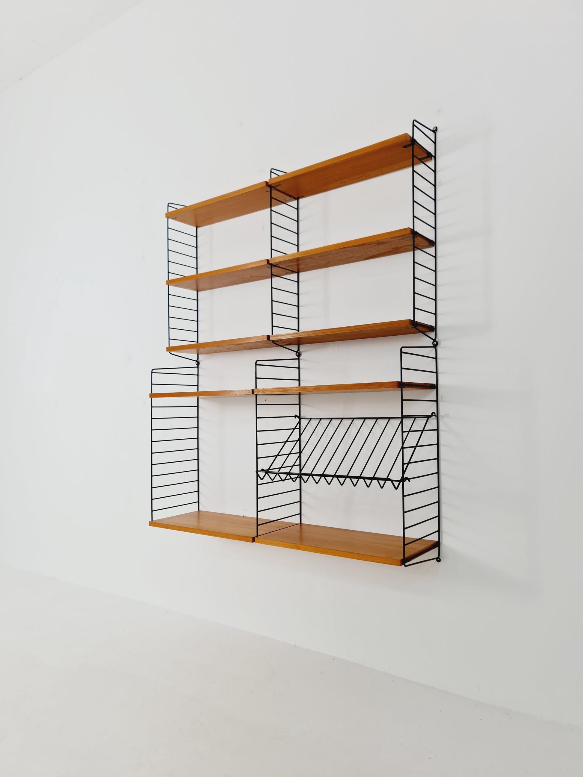 Wall-mounted original Teak Swedish string shelf-system, drawers, bookcase teak by Nils & Kajsa Strinning, 1960s