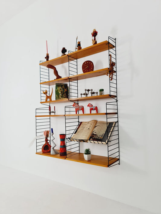Wall-mounted original Teak Swedish string shelf-system, drawers, bookcase teak by Nils & Kajsa Strinning, 1960s