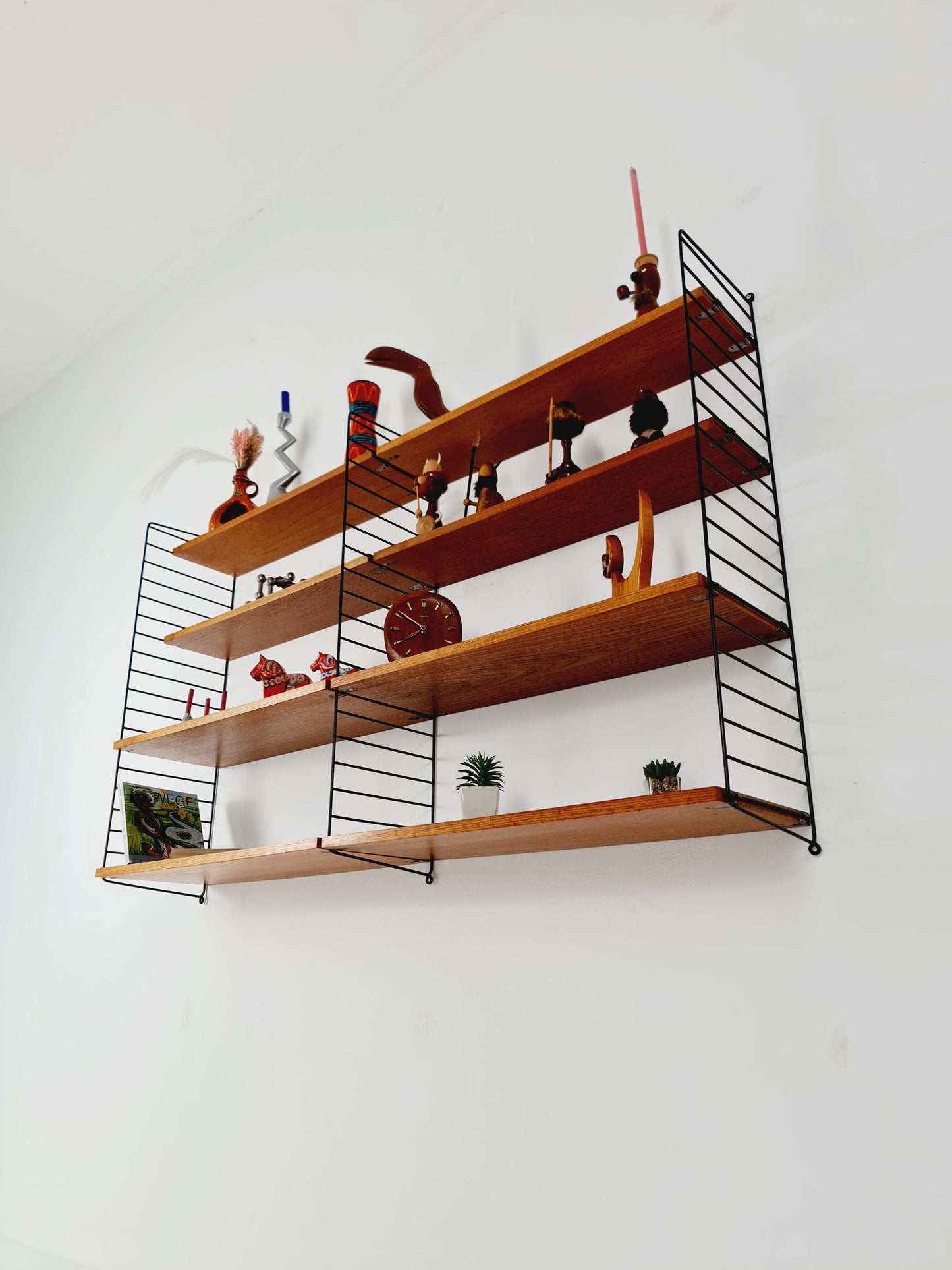 Original MCM Teak shelving system - consists of black lacquered metal ladders, from string Stockholm 1960s