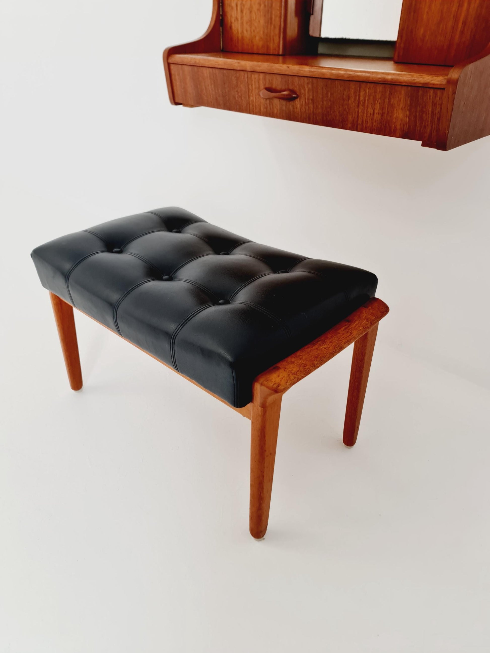 Mid Century Modern Danish Teak vanity hanging table with stool make up table by Fröseke for AB nybrofabriken, 1960s