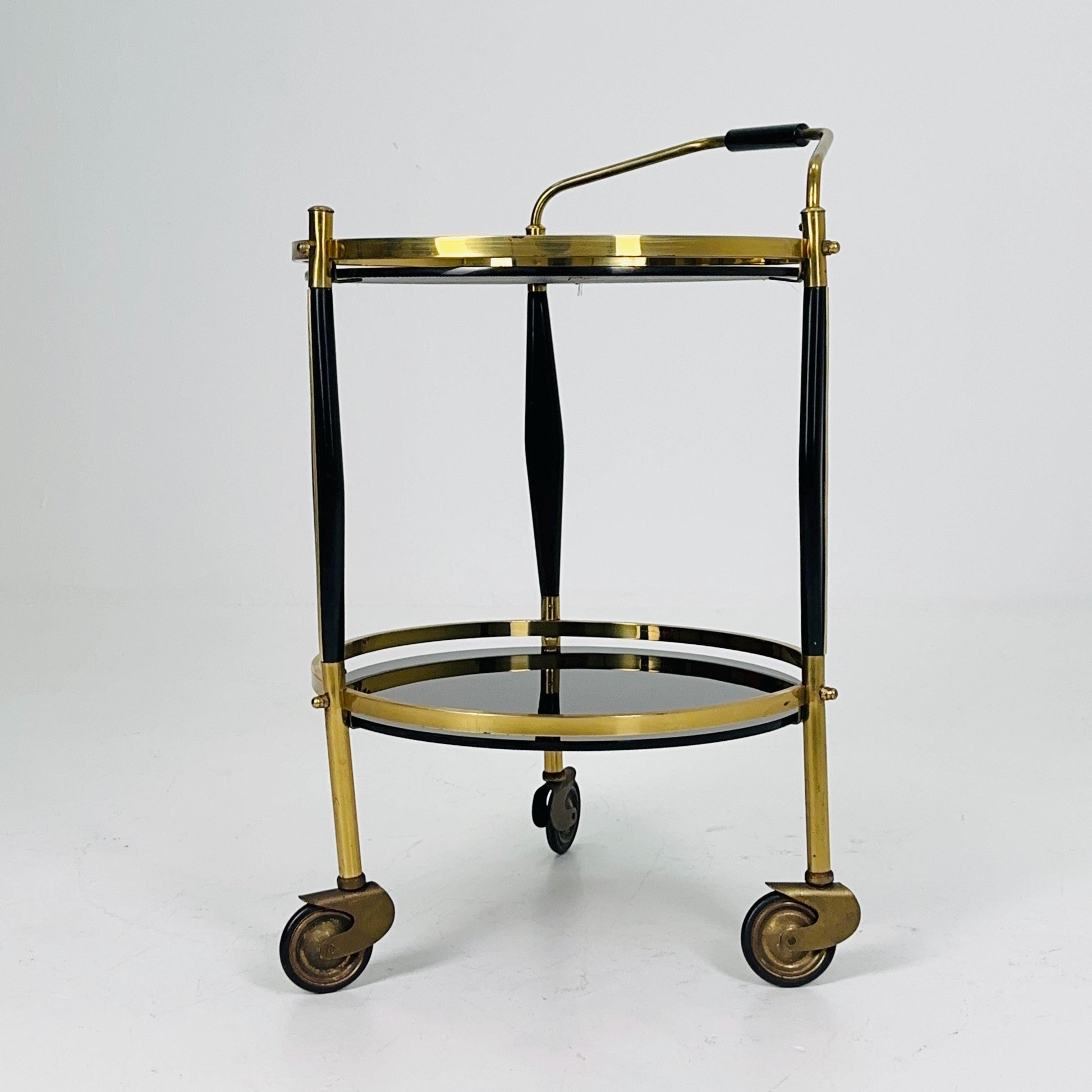 Mid-Century Brass & Black Glass Round Trolley — Germany, 1970s | Elegant Vintage Bar Cart