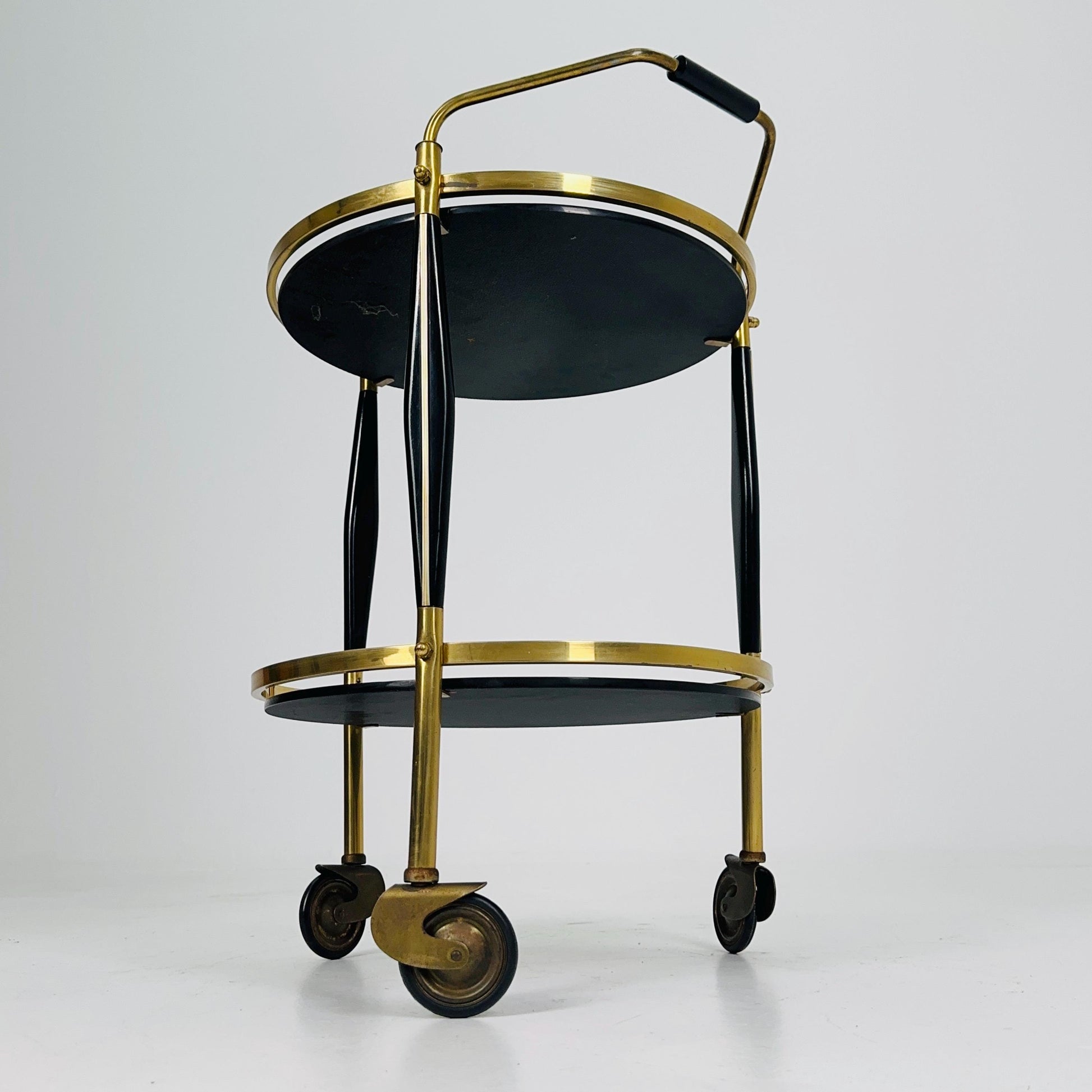 Mid-Century Brass & Black Glass Round Trolley — Germany, 1970s | Elegant Vintage Bar Cart
