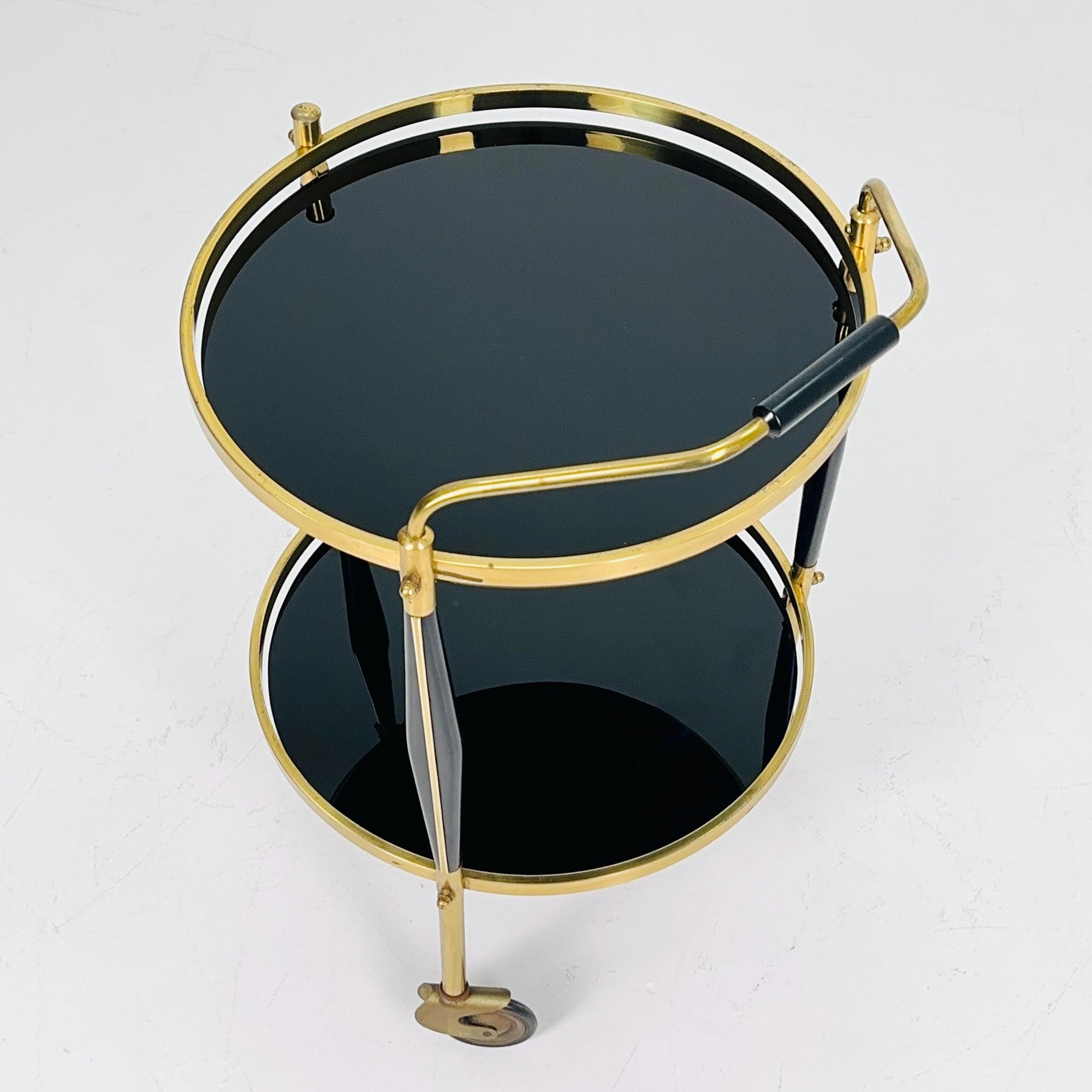 Mid-Century Brass & Black Glass Round Trolley — Germany, 1970s | Elegant Vintage Bar Cart