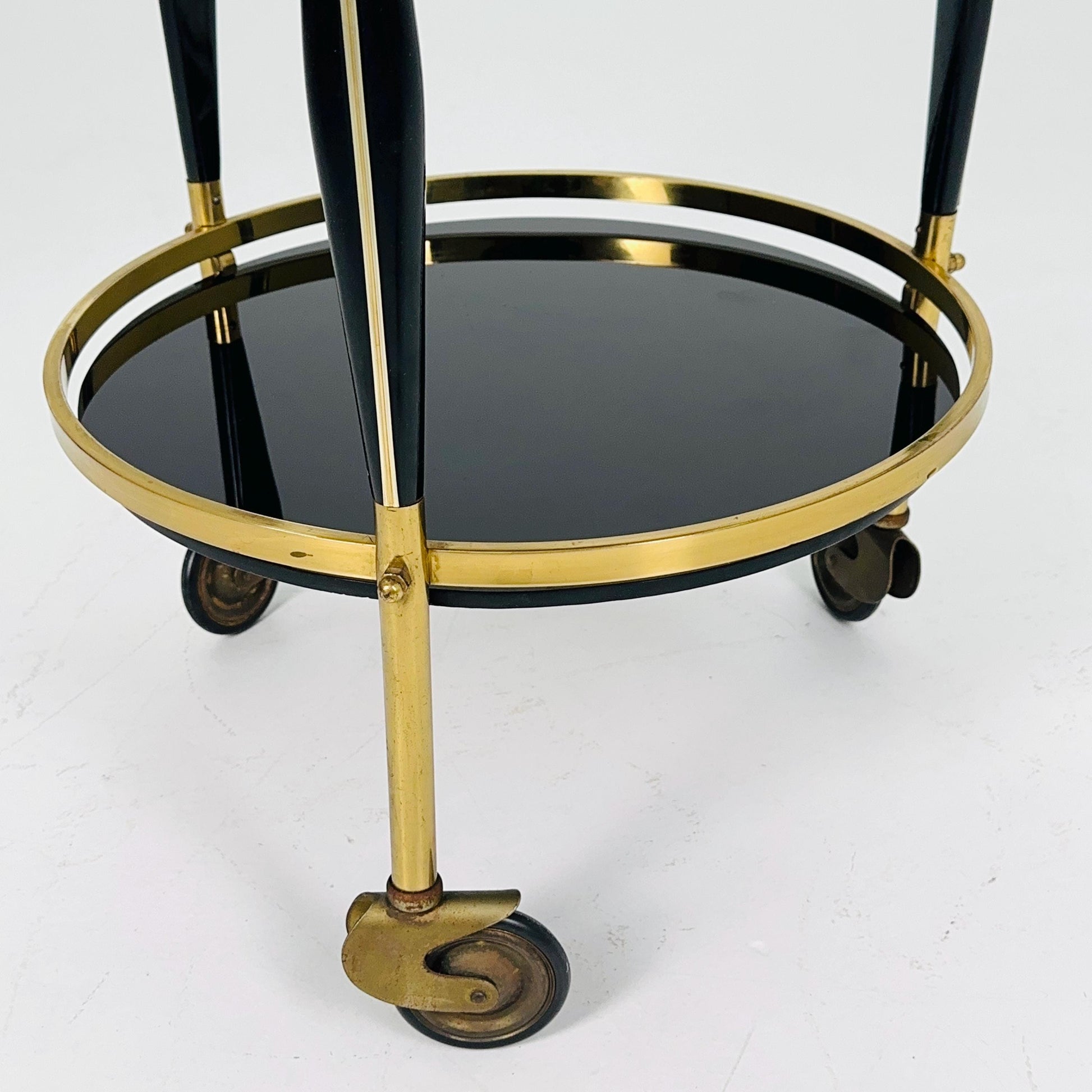 Mid-Century Brass & Black Glass Round Trolley — Germany, 1970s | Elegant Vintage Bar Cart