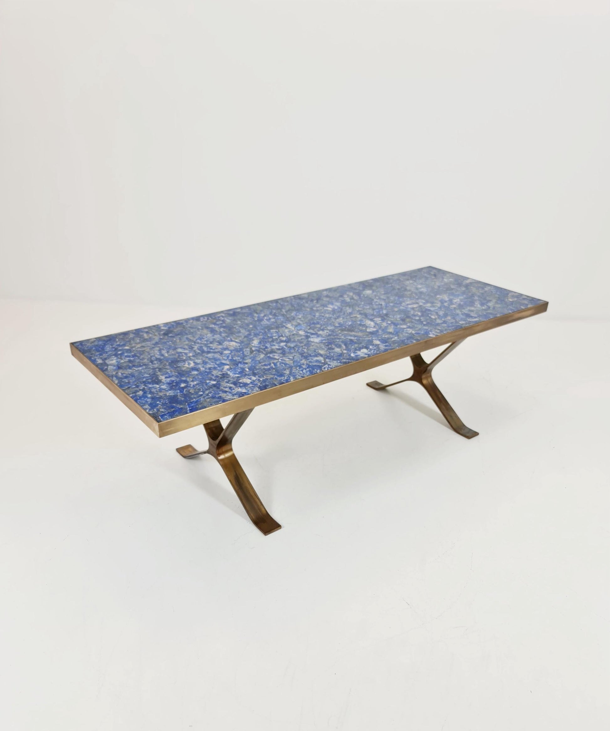 Super Rare vintage lapis Lazuli ,Brass coffee table with X legs from the 60s