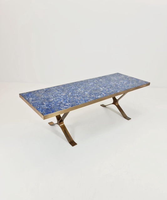 Super Rare vintage lapis Lazuli ,Brass coffee table with X legs from the 60s