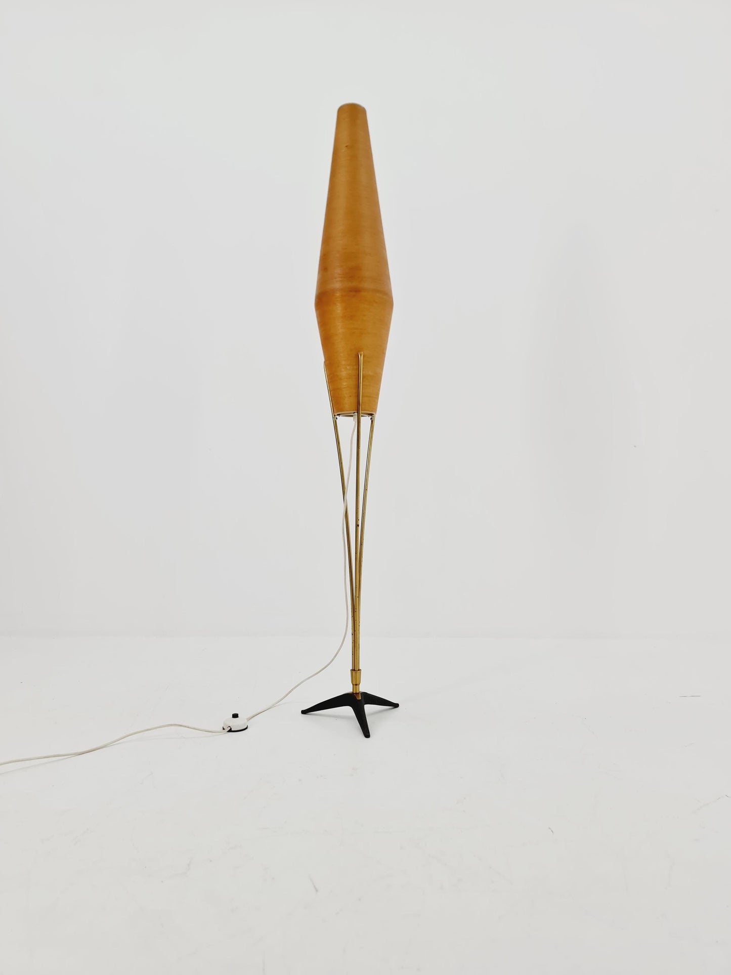 Mid century German tripod floor lamp in Brass and cocoon shade By Klingele for Artimeta 1957s