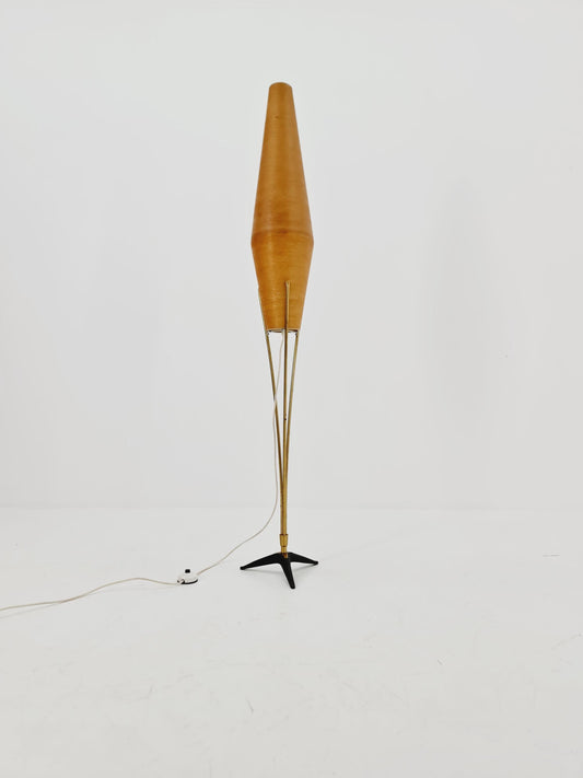 Mid century German tripod floor lamp in Brass and cocoon shade By Klingele for Artimeta 1957s