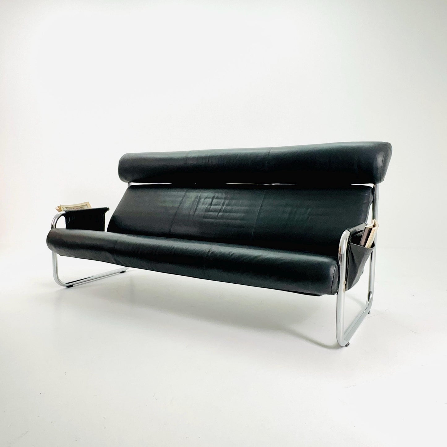 Mid Century Bauhaus Sofa — Italian Design, Black Faux Leather & Chrome, 1980s