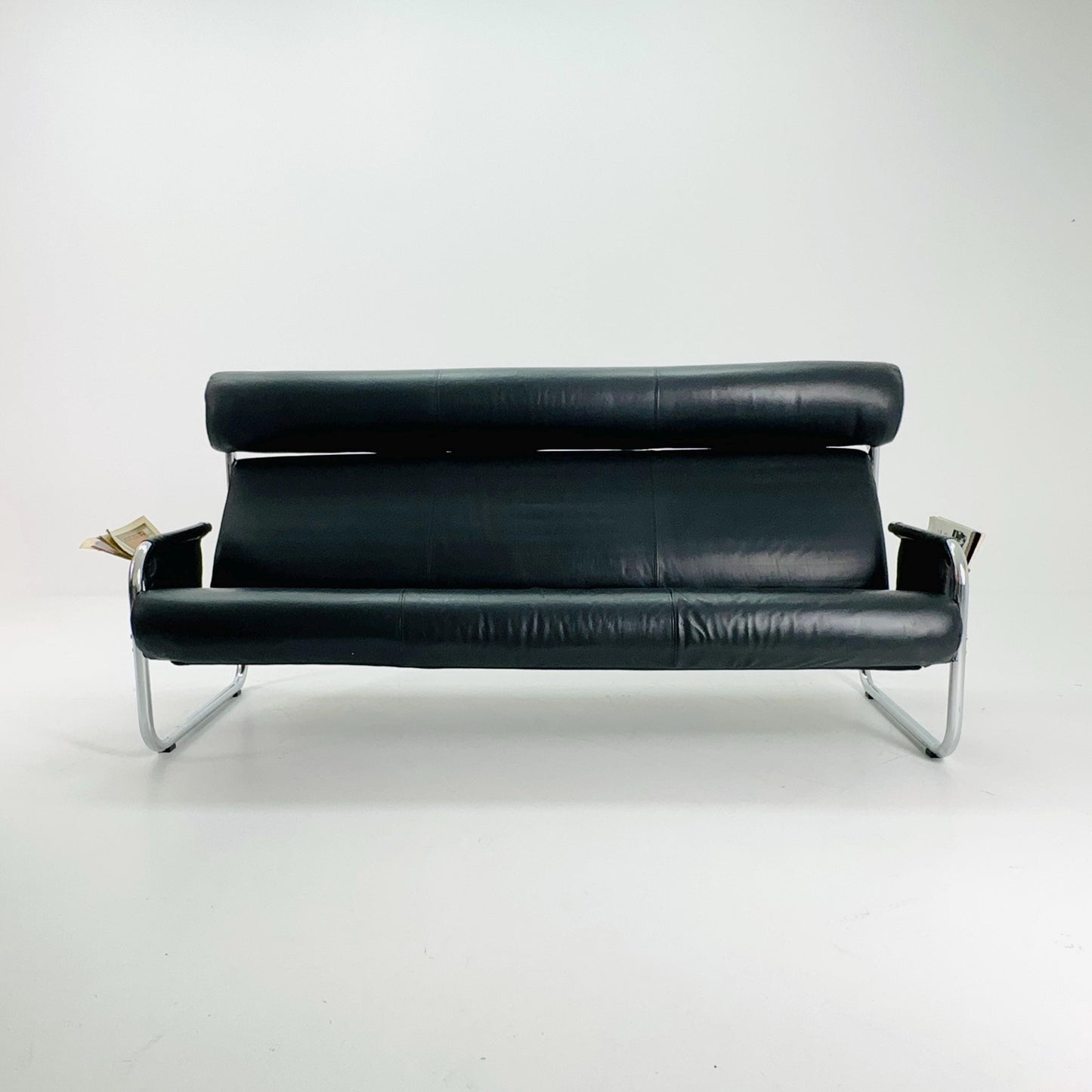 Mid Century Bauhaus Sofa — Italian Design, Black Faux Leather & Chrome, 1980s