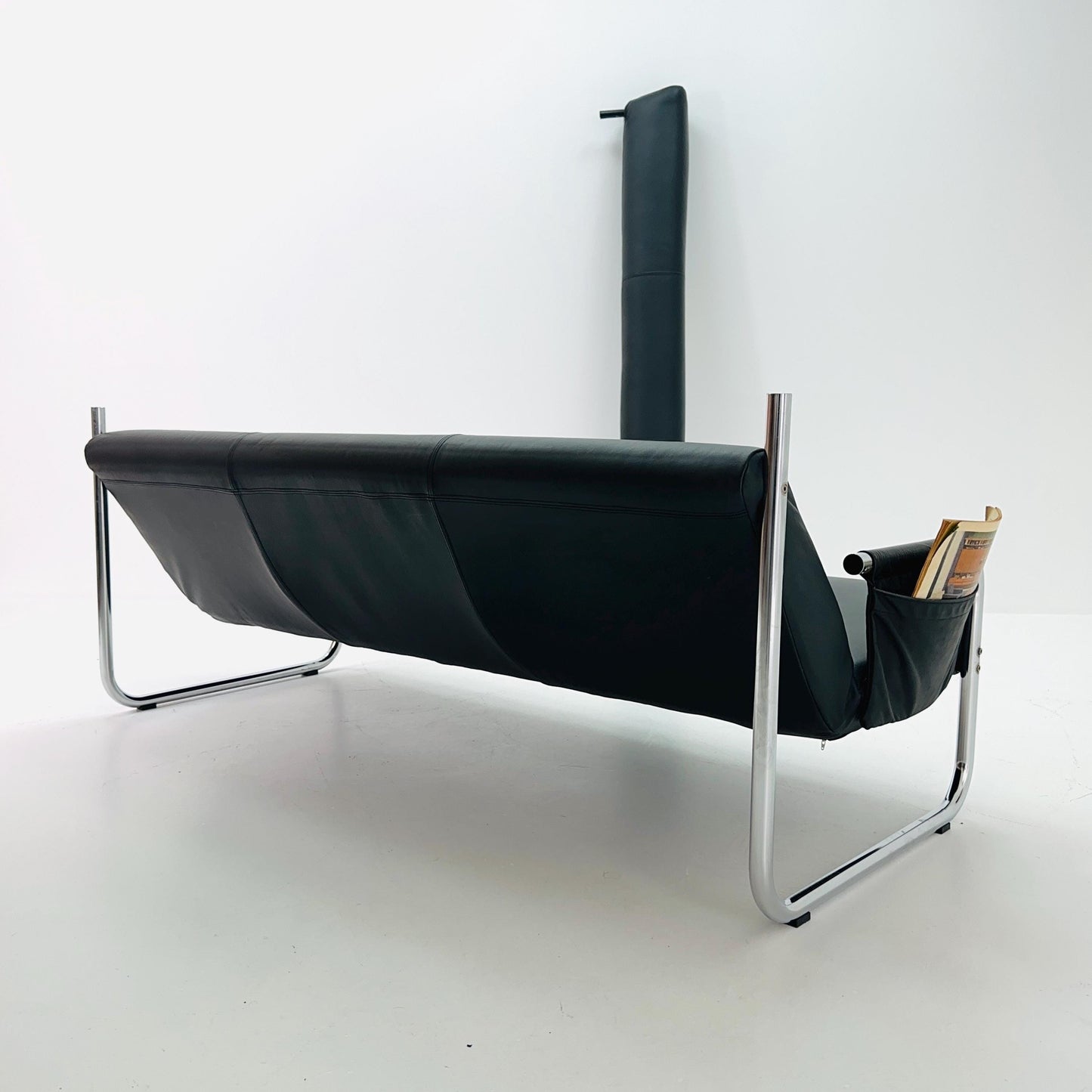 Mid Century Bauhaus Sofa — Italian Design, Black Faux Leather & Chrome, 1980s