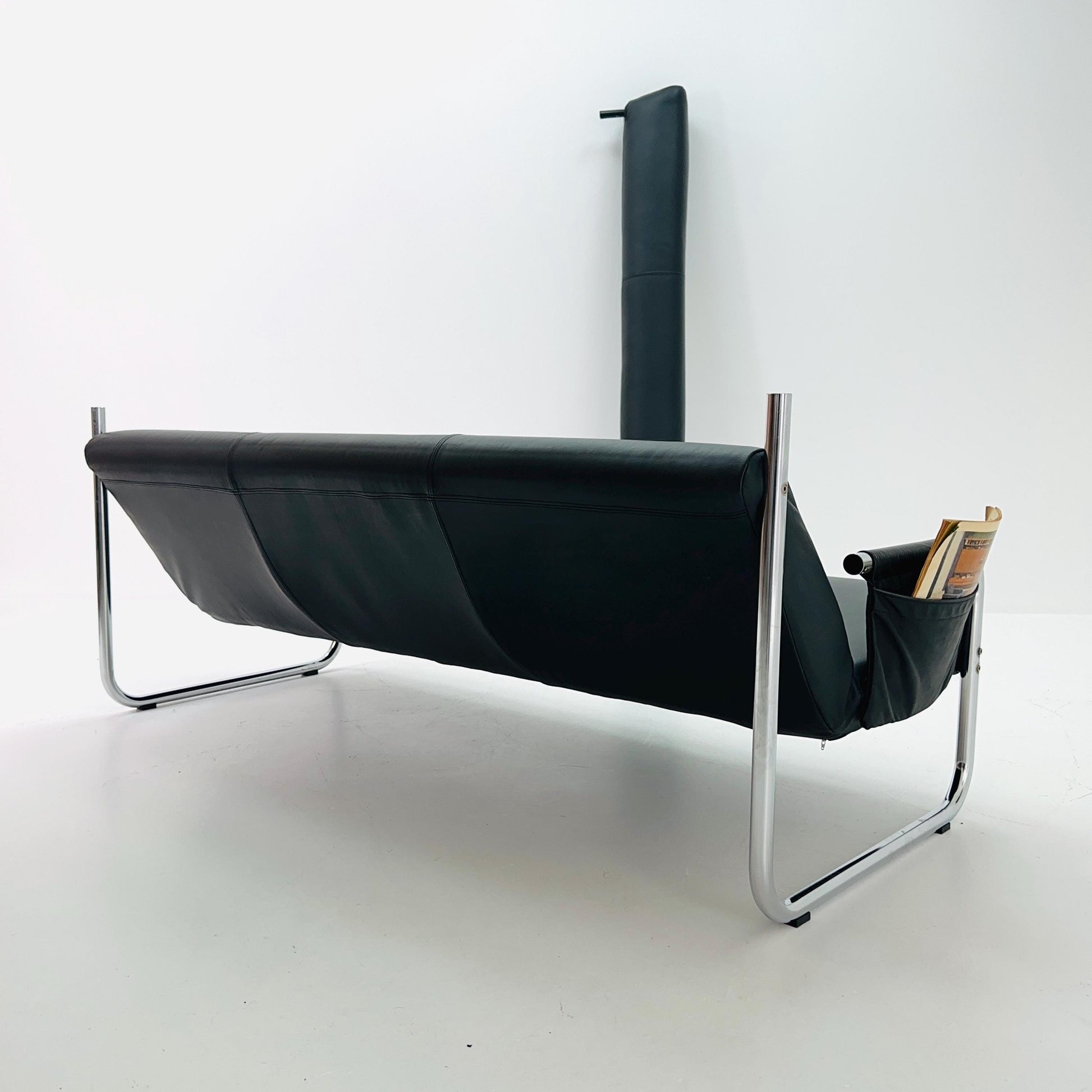 Mid Century Bauhaus Sofa — Italian Design, Black Faux Leather & Chrome, 1980s
