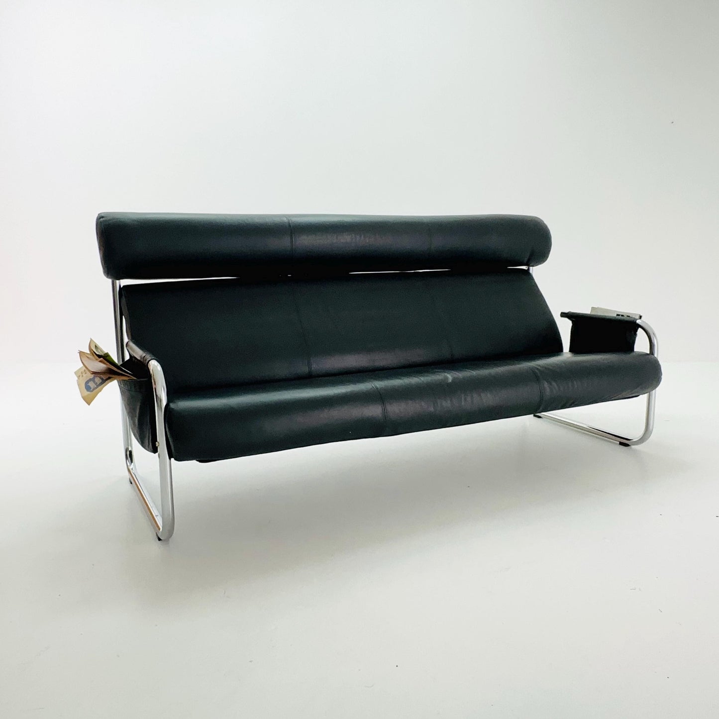 Mid Century Bauhaus Sofa — Italian Design, Black Faux Leather & Chrome, 1980s