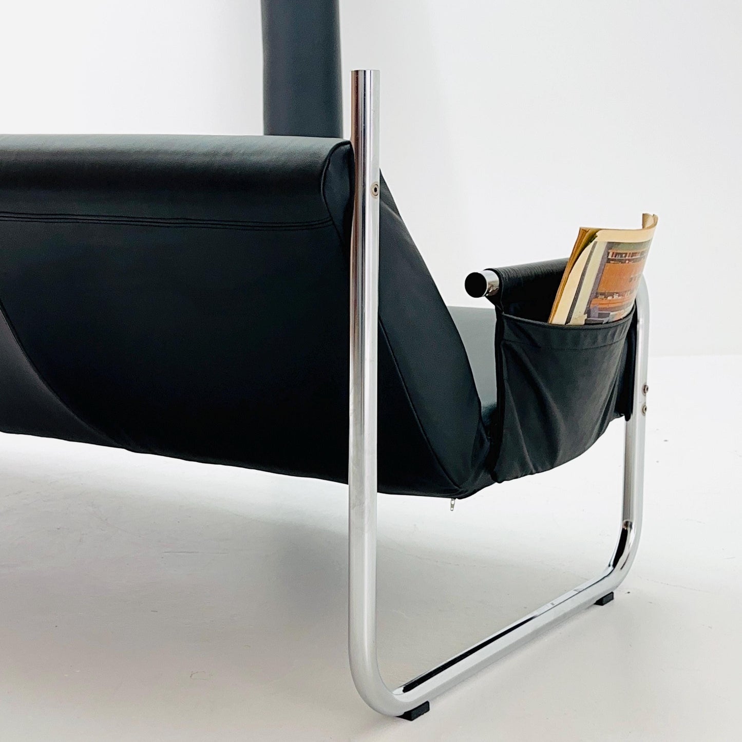 Mid Century Bauhaus Sofa — Italian Design, Black Faux Leather & Chrome, 1980s