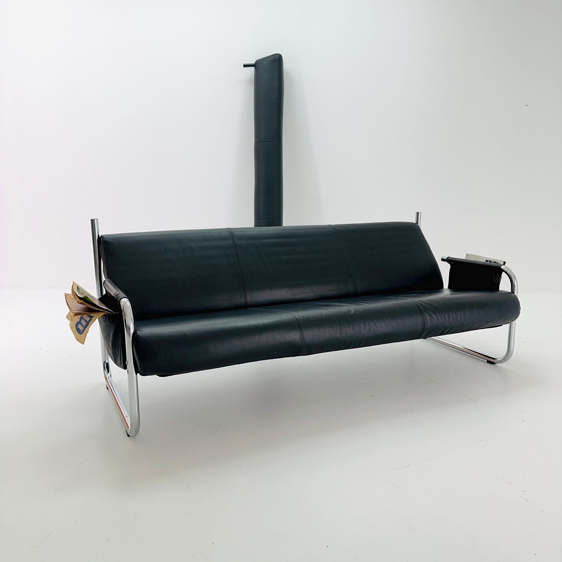 Mid Century Bauhaus Sofa — Italian Design, Black Faux Leather & Chrome, 1980s