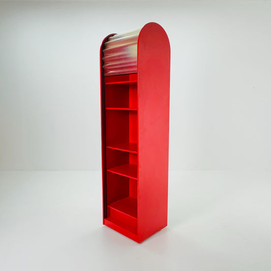 Rare Klaus Vogt Cabinet for Thut Möbel — Swiss Minimalist Space Age Design — Red Plywood Storage Cabinet with Scobalit Roller Door 1970s