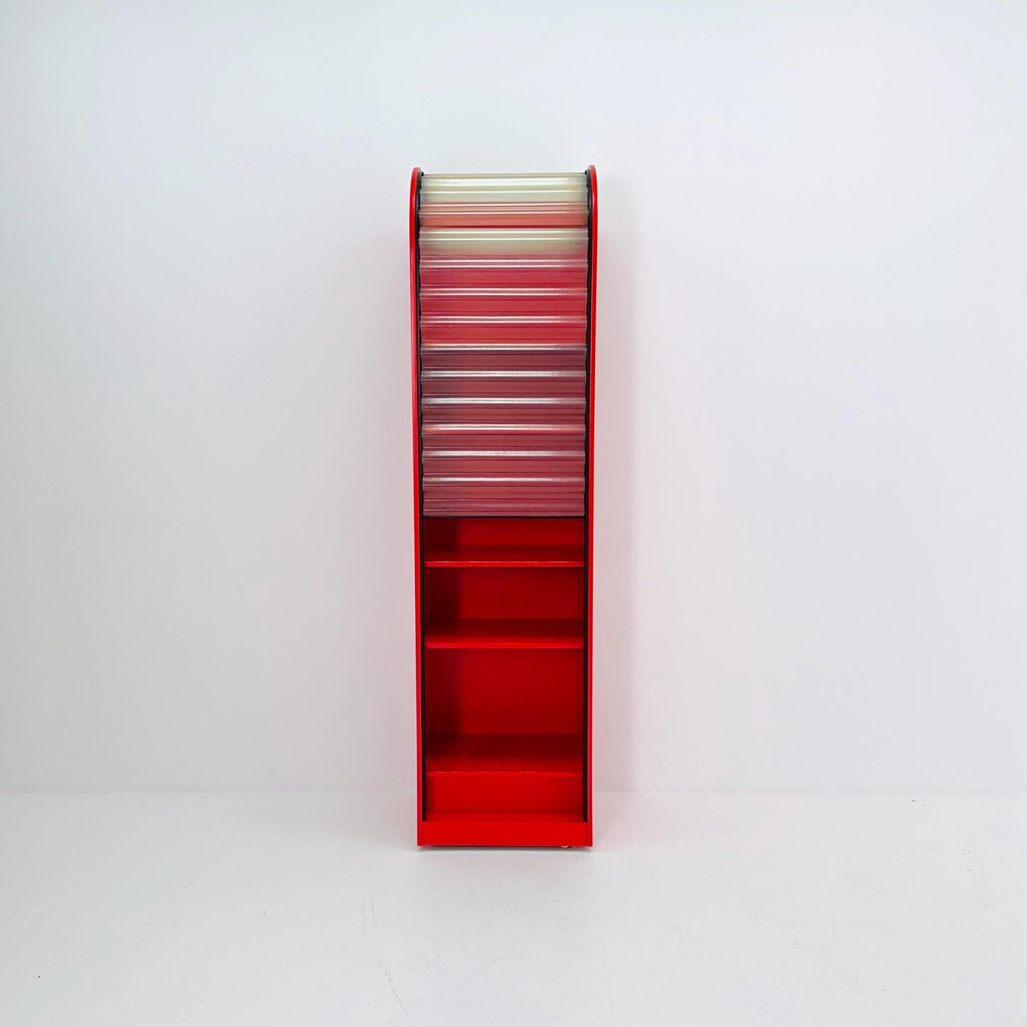 Rare Klaus Vogt Cabinet for Thut Möbel — Swiss Minimalist Space Age Design — Red Plywood Storage Cabinet with Scobalit Roller Door 1970s
