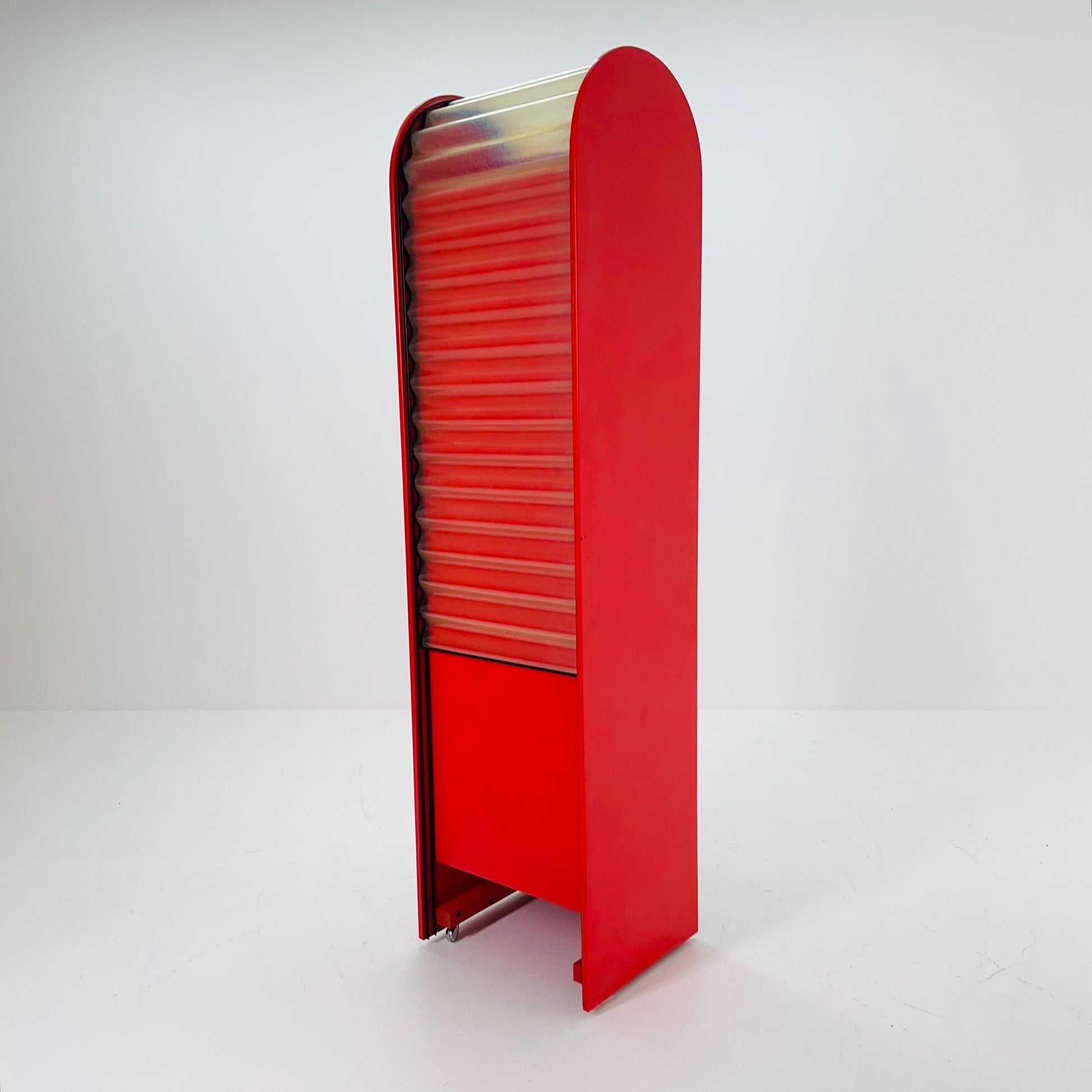 Rare Klaus Vogt Cabinet for Thut Möbel — Swiss Minimalist Space Age Design — Red Plywood Storage Cabinet with Scobalit Roller Door 1970s
