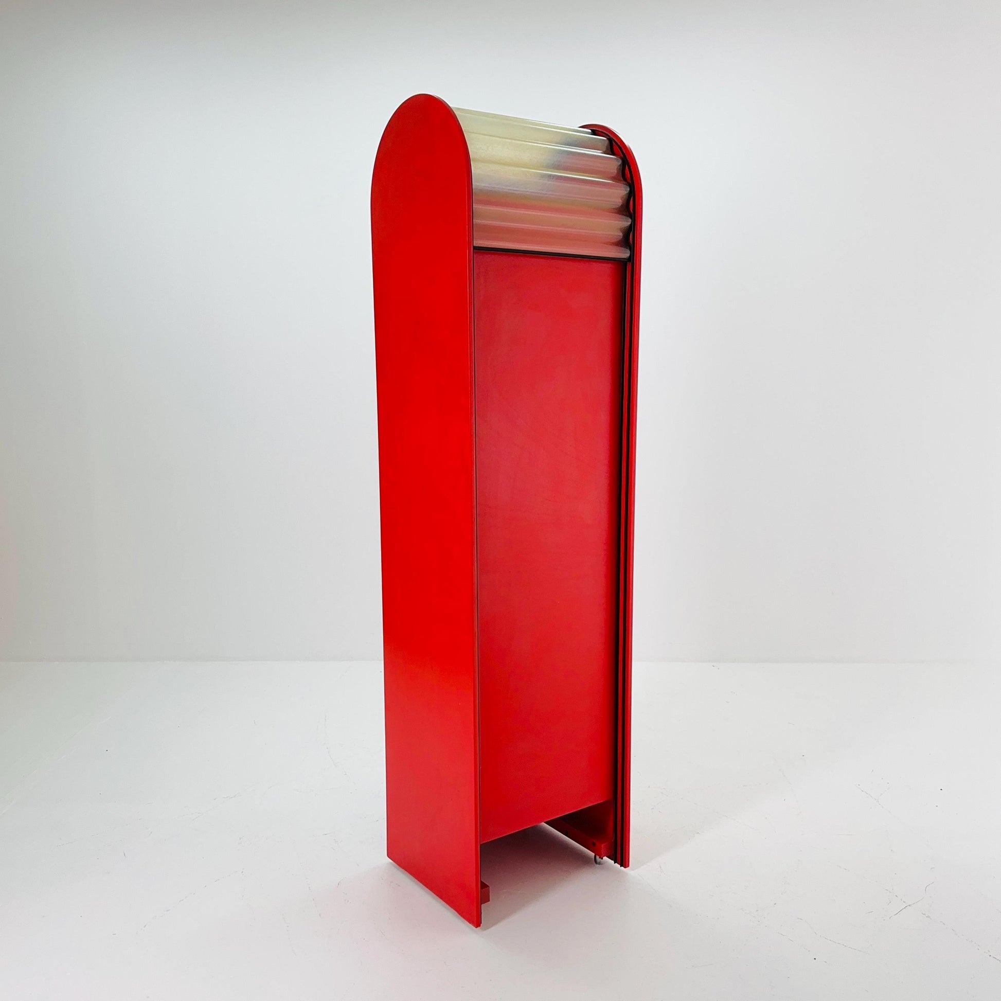 Rare Klaus Vogt Cabinet for Thut Möbel — Swiss Minimalist Space Age Design — Red Plywood Storage Cabinet with Scobalit Roller Door 1970s