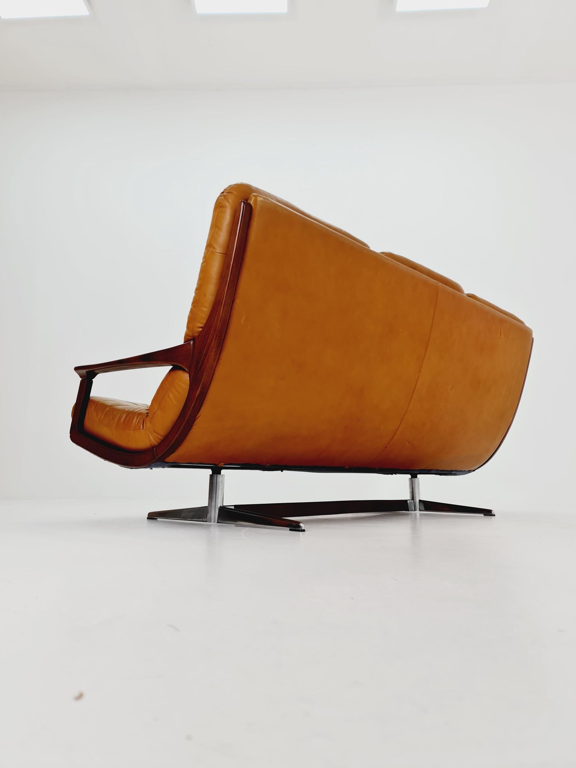 Rare Mid-century Rare German walnut & Leather lounge sofa 3 -Seater ,By Eugen Schmidt for soloform 1960s