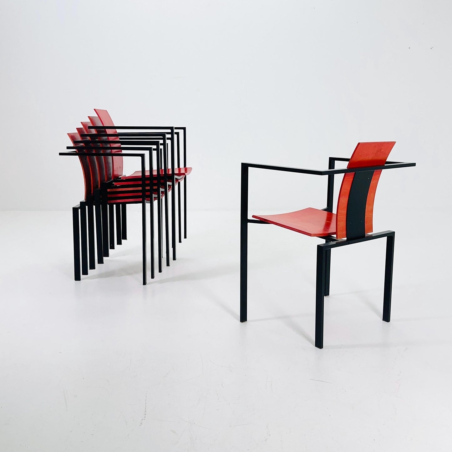 Set of 6 Postmodern Armchairs by Karl Friedrich Förster, Red Plywood & Steel, 1980s Germany