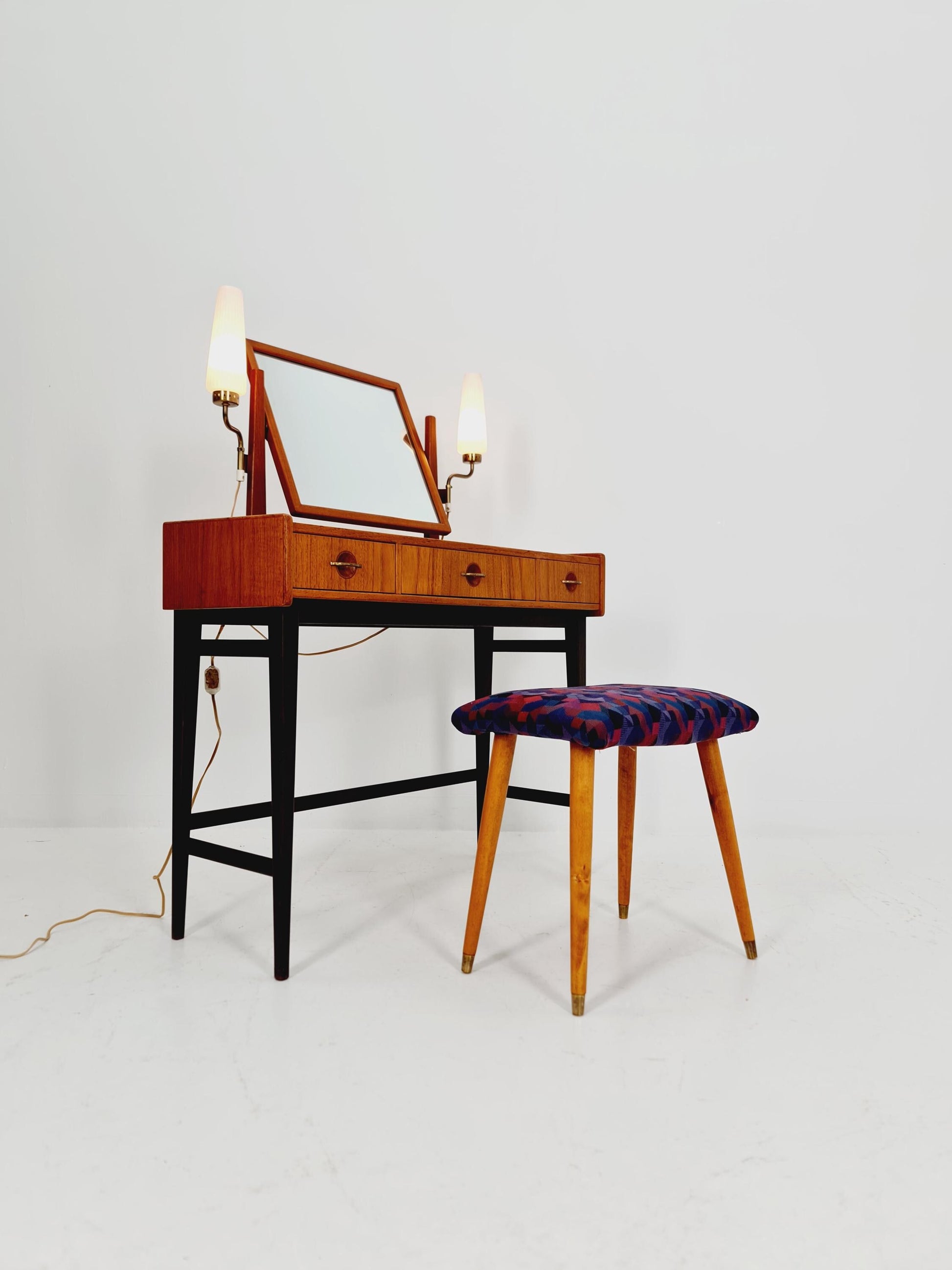 Mid Century Modern Danish Teak vanity table with stool make up table by Fröseke for AB nybrofabriken, 1960s