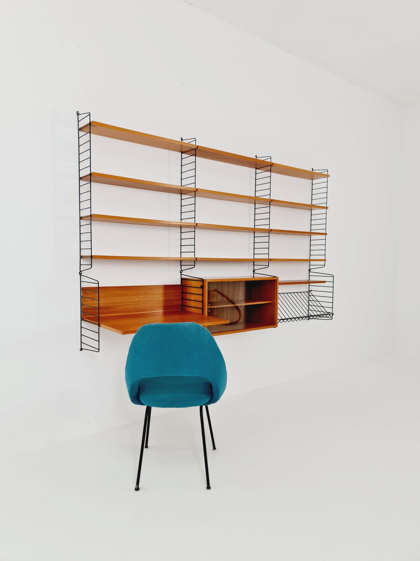 Wall-mounted original Swedish string shelf-system, drawers, bookcase Ash wood by Nils & Kajsa Strinning, 1960s