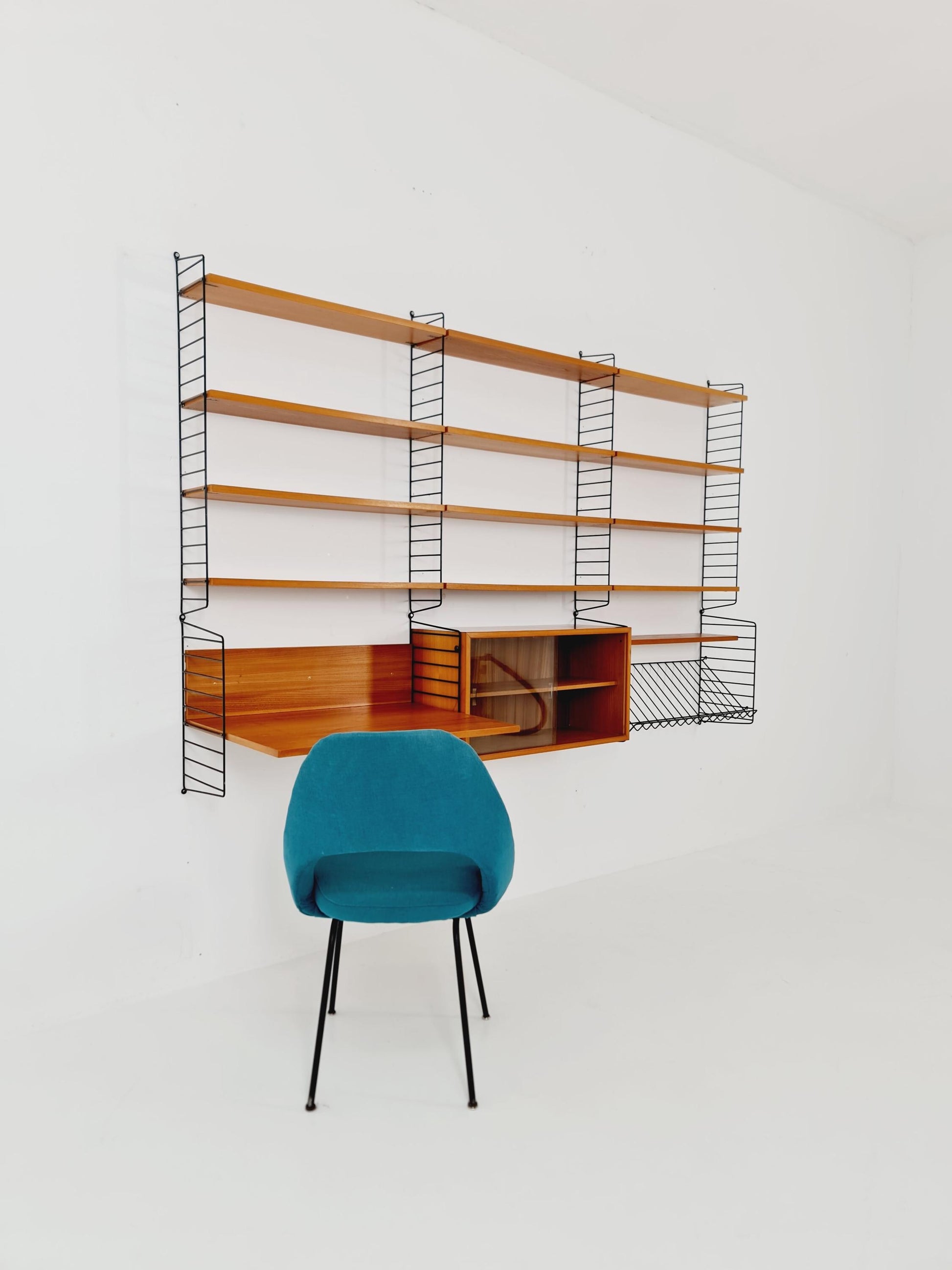 Wall-mounted original Swedish string shelf-system, drawers, bookcase Ash wood by Nils & Kajsa Strinning, 1960s