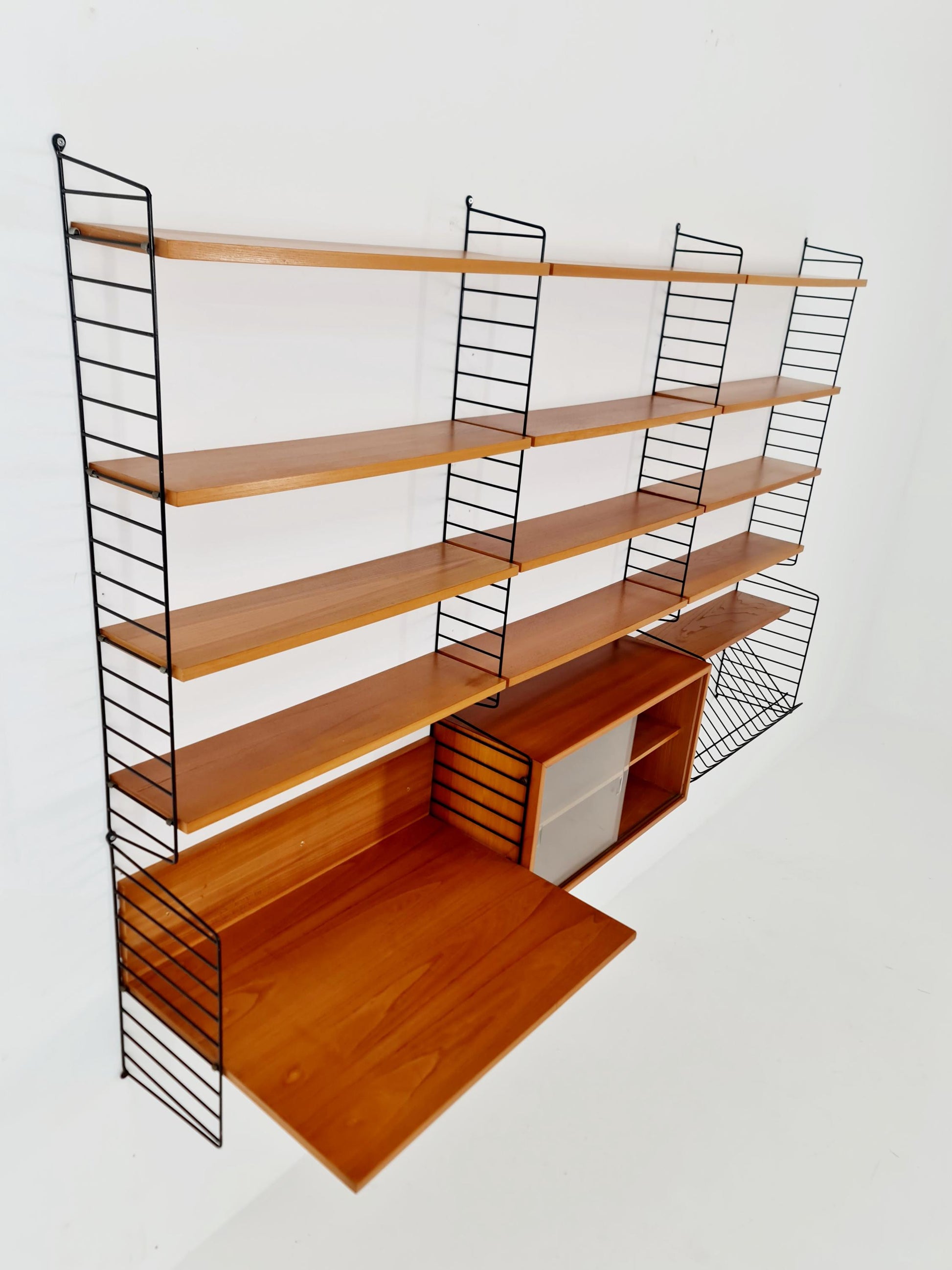 Wall-mounted original Swedish string shelf-system, drawers, bookcase Ash wood by Nils & Kajsa Strinning, 1960s