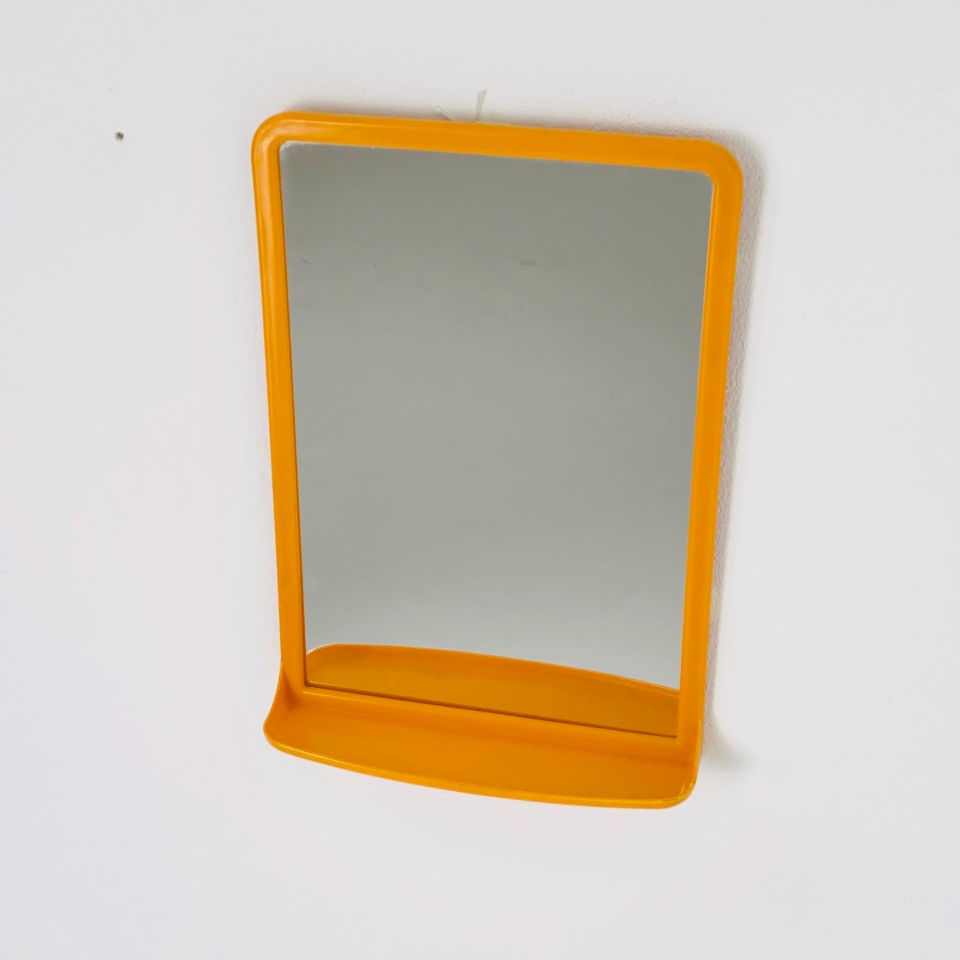 Mid Century Modern Wall Mirror with Shelf – Space Age Yellow Plastic Frame, 70s Germany