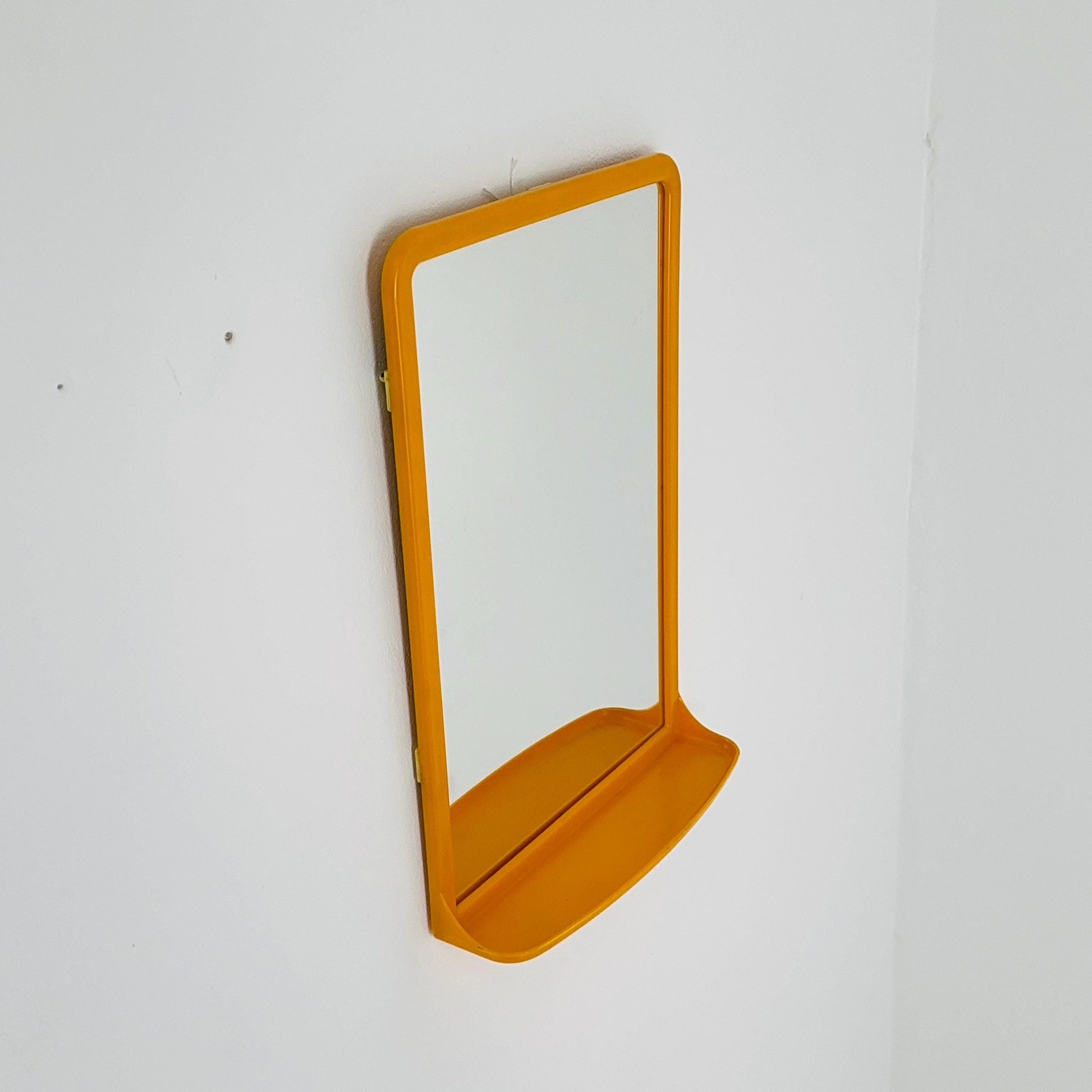 Mid Century Modern Wall Mirror with Shelf – Space Age Yellow Plastic Frame, 70s Germany