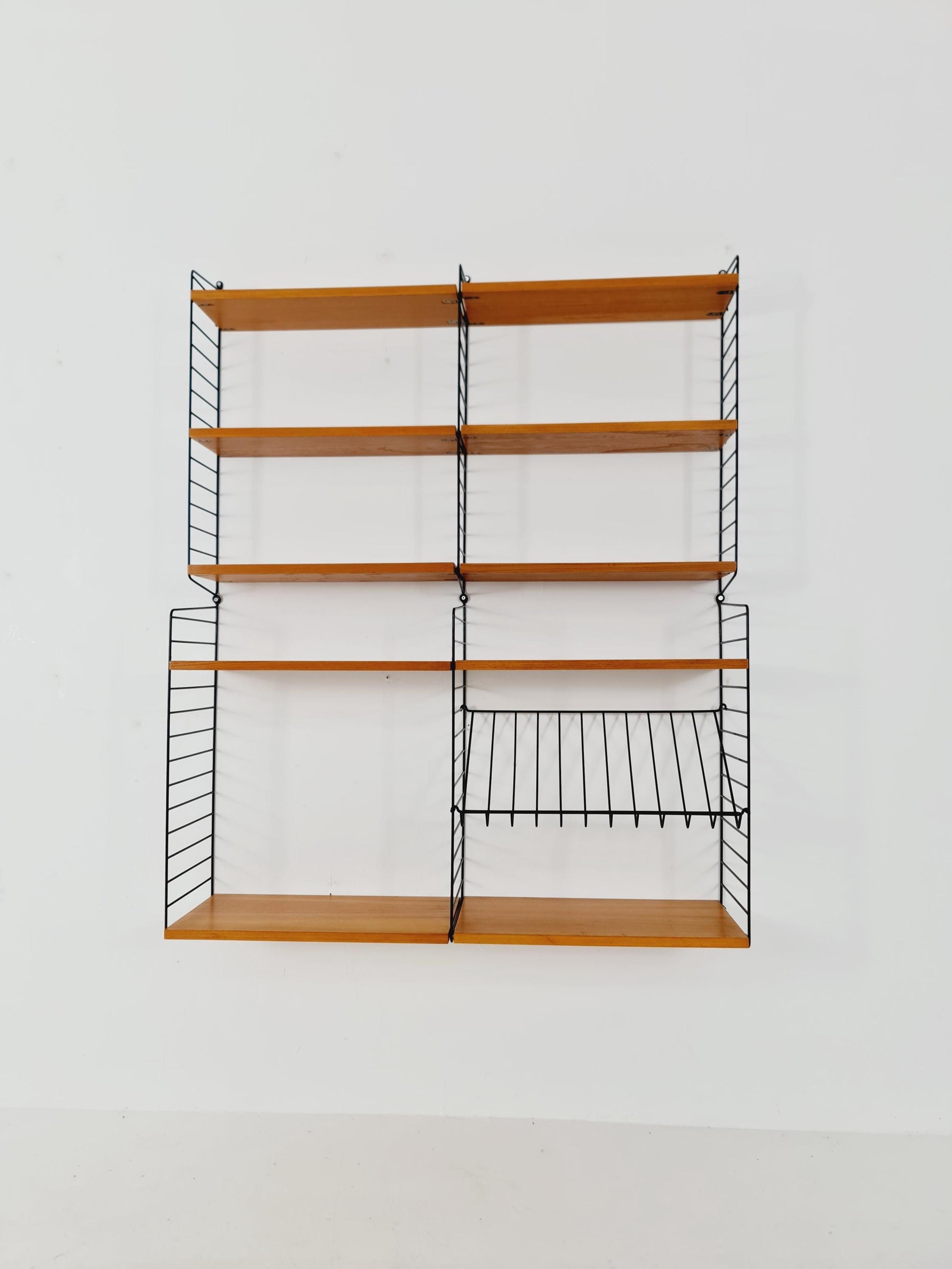 Wall-mounted original Teak Swedish string shelf-system, drawers, bookcase teak by Nils & Kajsa Strinning, 1960s