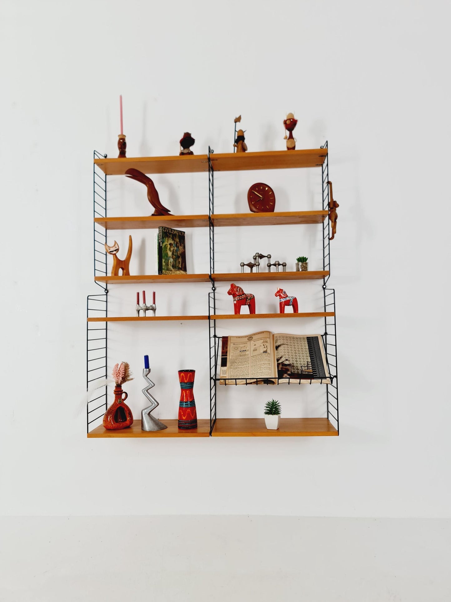 Wall-mounted original Teak Swedish string shelf-system, drawers, bookcase teak by Nils & Kajsa Strinning, 1960s