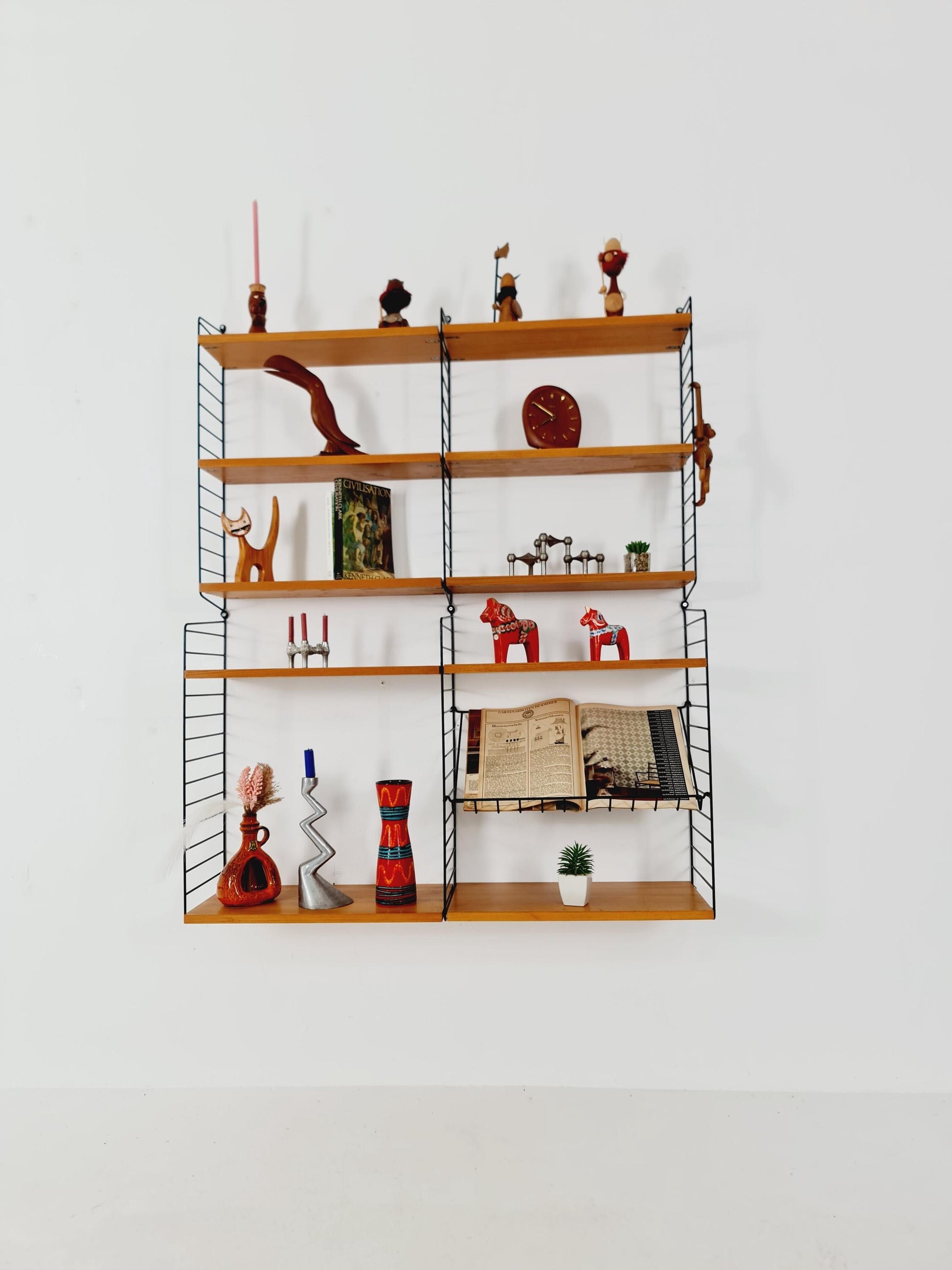 Wall-mounted original Teak Swedish string shelf-system, drawers, bookcase teak by Nils & Kajsa Strinning, 1960s
