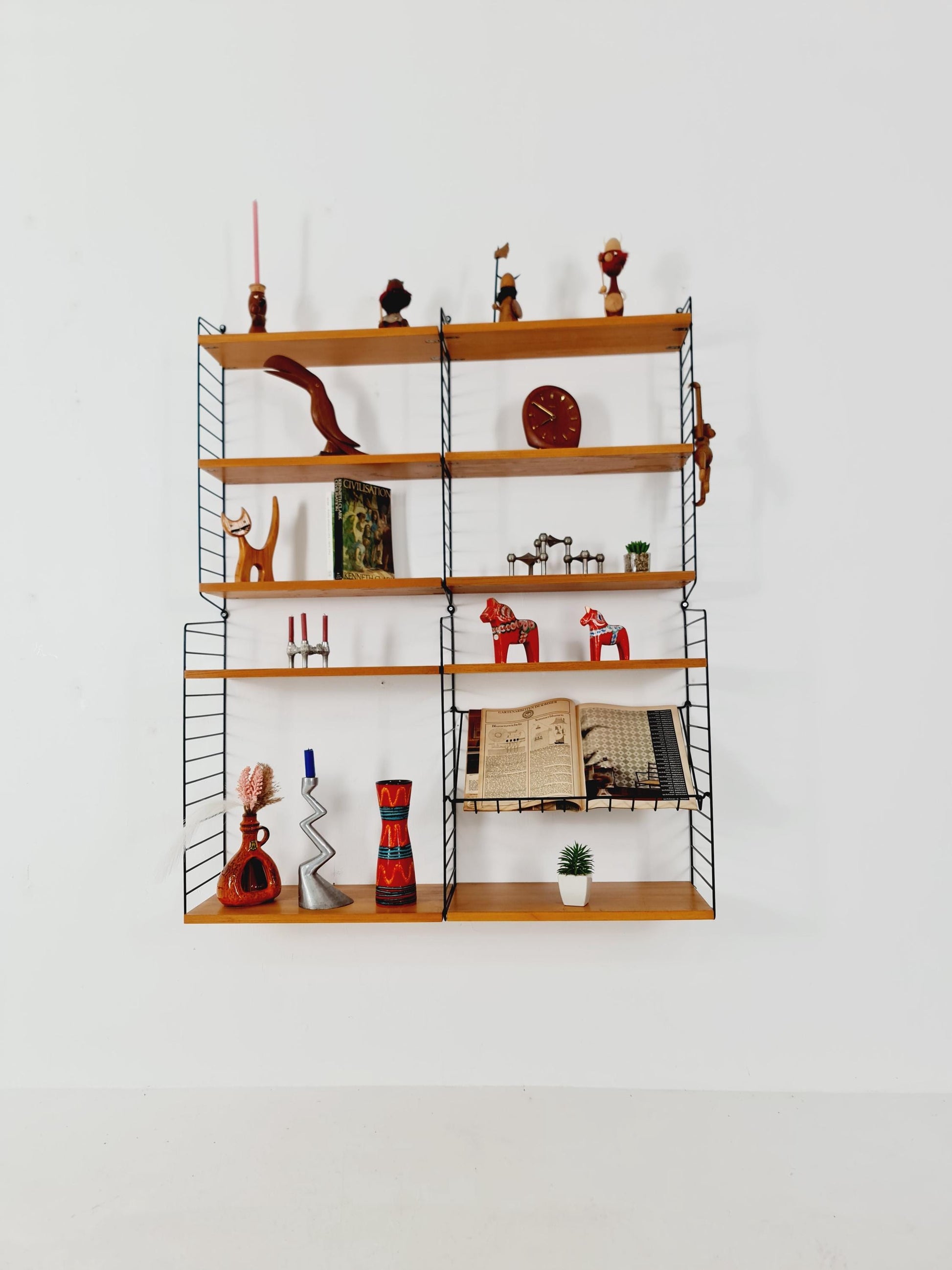Wall-mounted original Teak Swedish string shelf-system, drawers, bookcase teak by Nils & Kajsa Strinning, 1960s