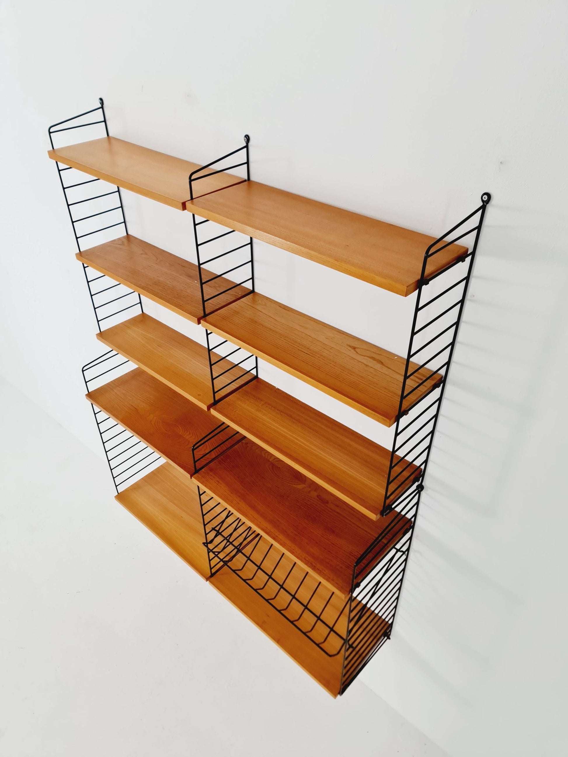 Wall-mounted original Teak Swedish string shelf-system, drawers, bookcase teak by Nils & Kajsa Strinning, 1960s