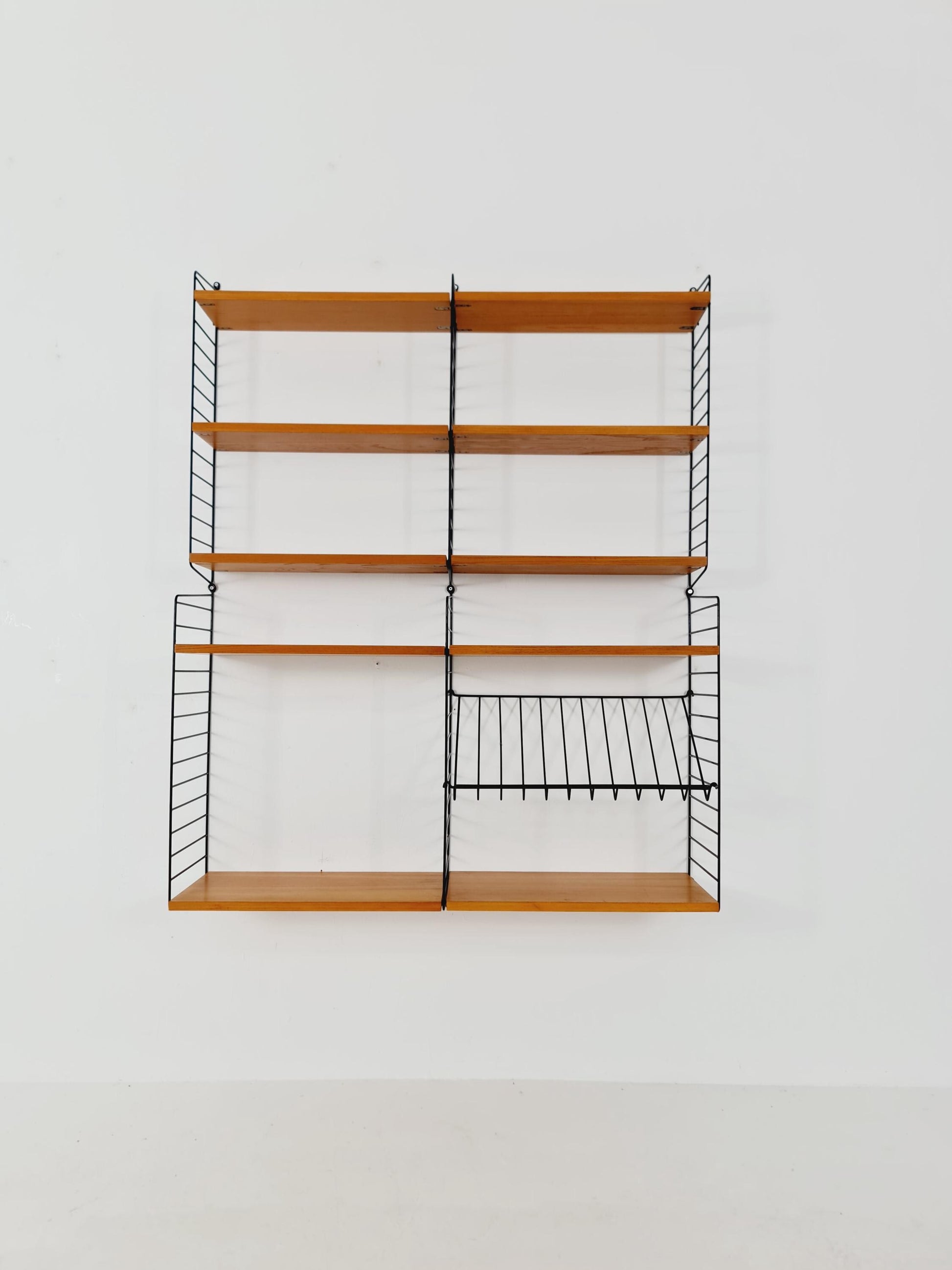 Wall-mounted original Teak Swedish string shelf-system, drawers, bookcase teak by Nils & Kajsa Strinning, 1960s