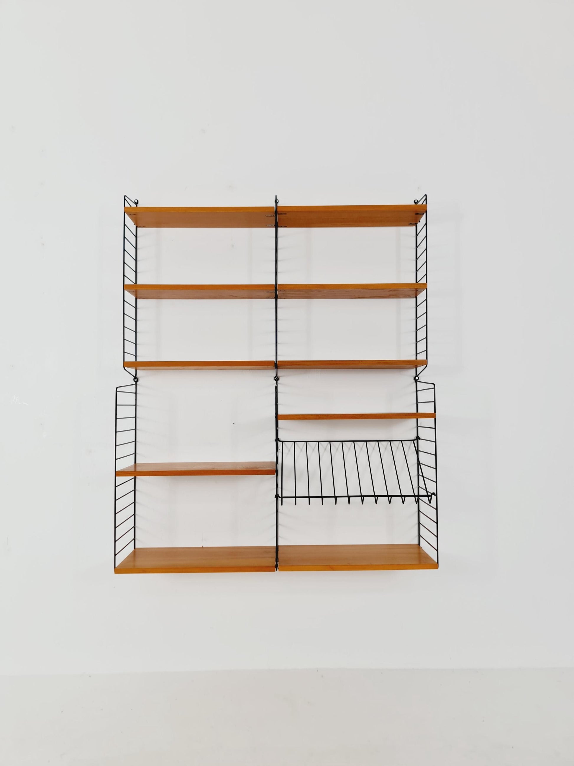 Wall-mounted original Teak Swedish string shelf-system, drawers, bookcase teak by Nils & Kajsa Strinning, 1960s