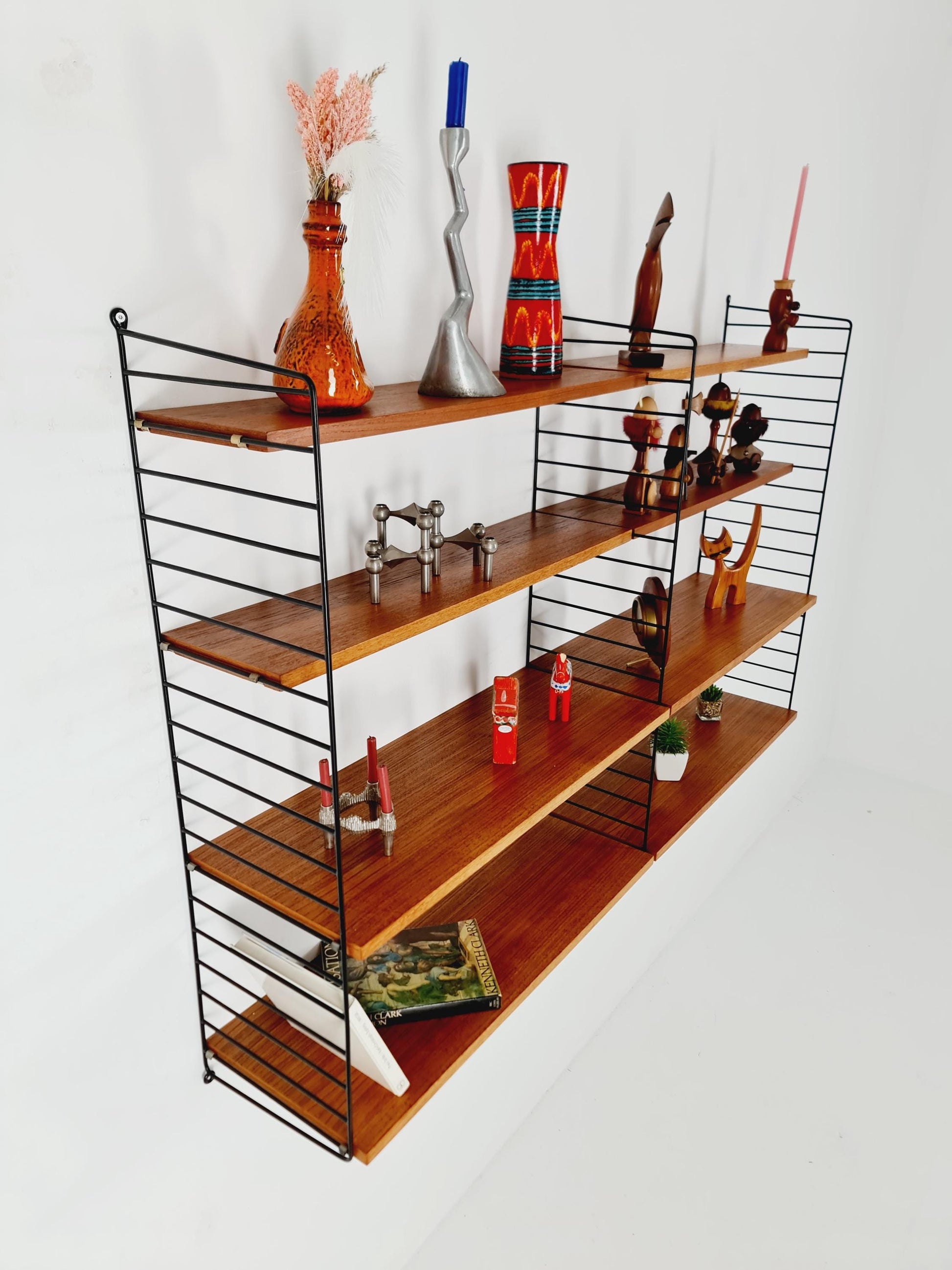 Original MCM Teak shelving system - consists of black lacquered metal ladders, from string Stockholm 1960s