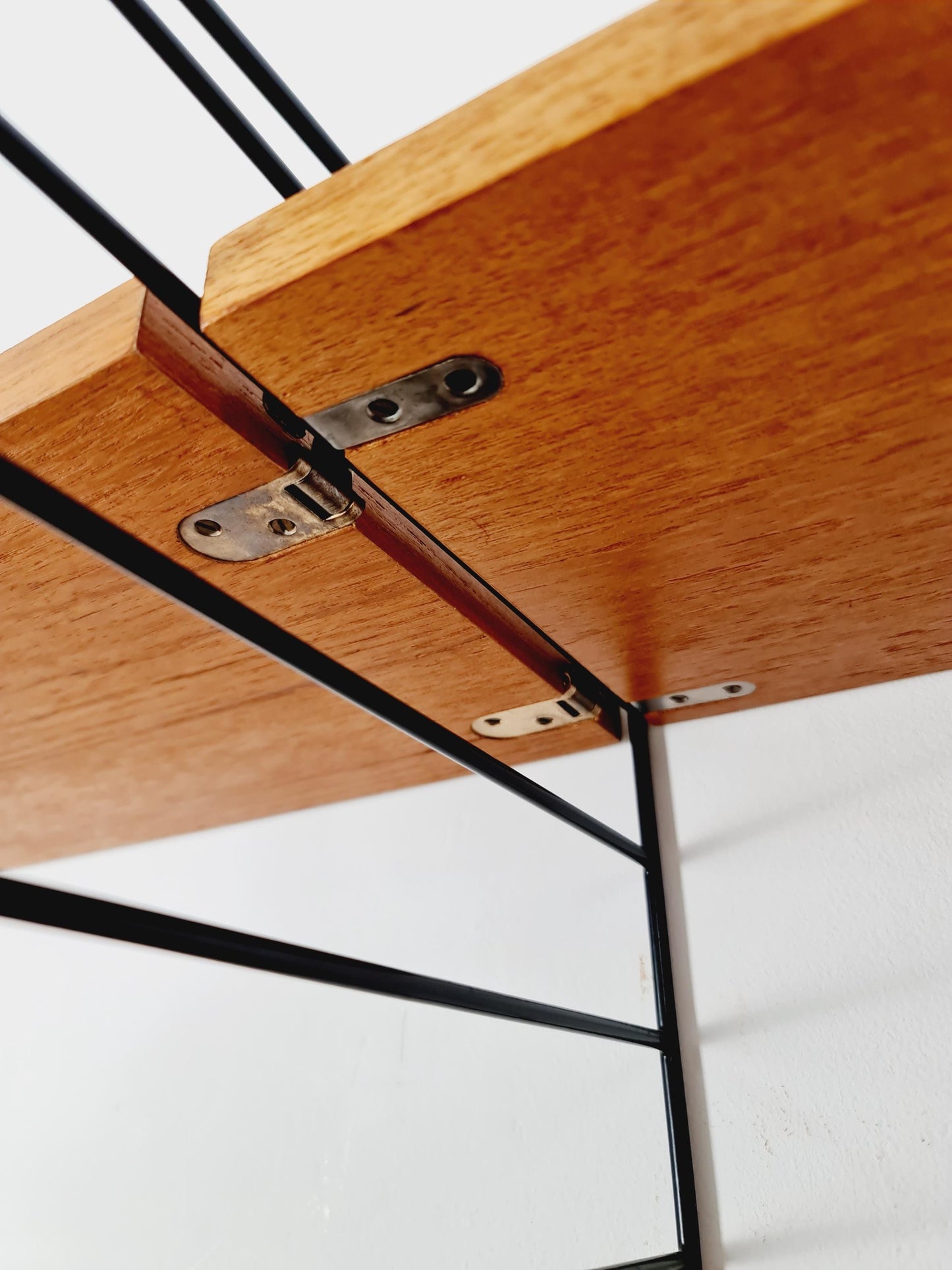 Original MCM Teak shelving system - consists of black lacquered metal ladders, from string Stockholm 1960s