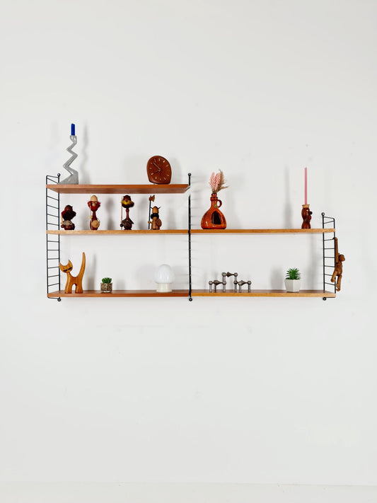 Original MCM Teak shelving system - consists of Black lacquered metal ladders, from string Stockholm 1960s