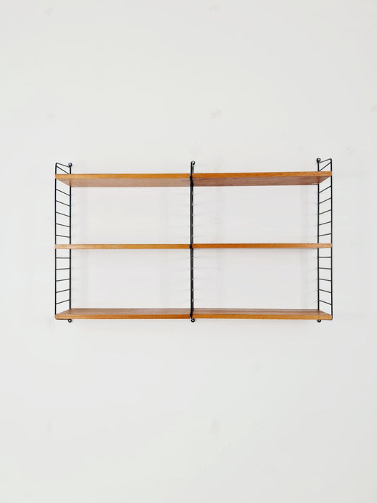 Original MCM Teak shelving system - consists of Black lacquered metal ladders, from string Stockholm 1960s